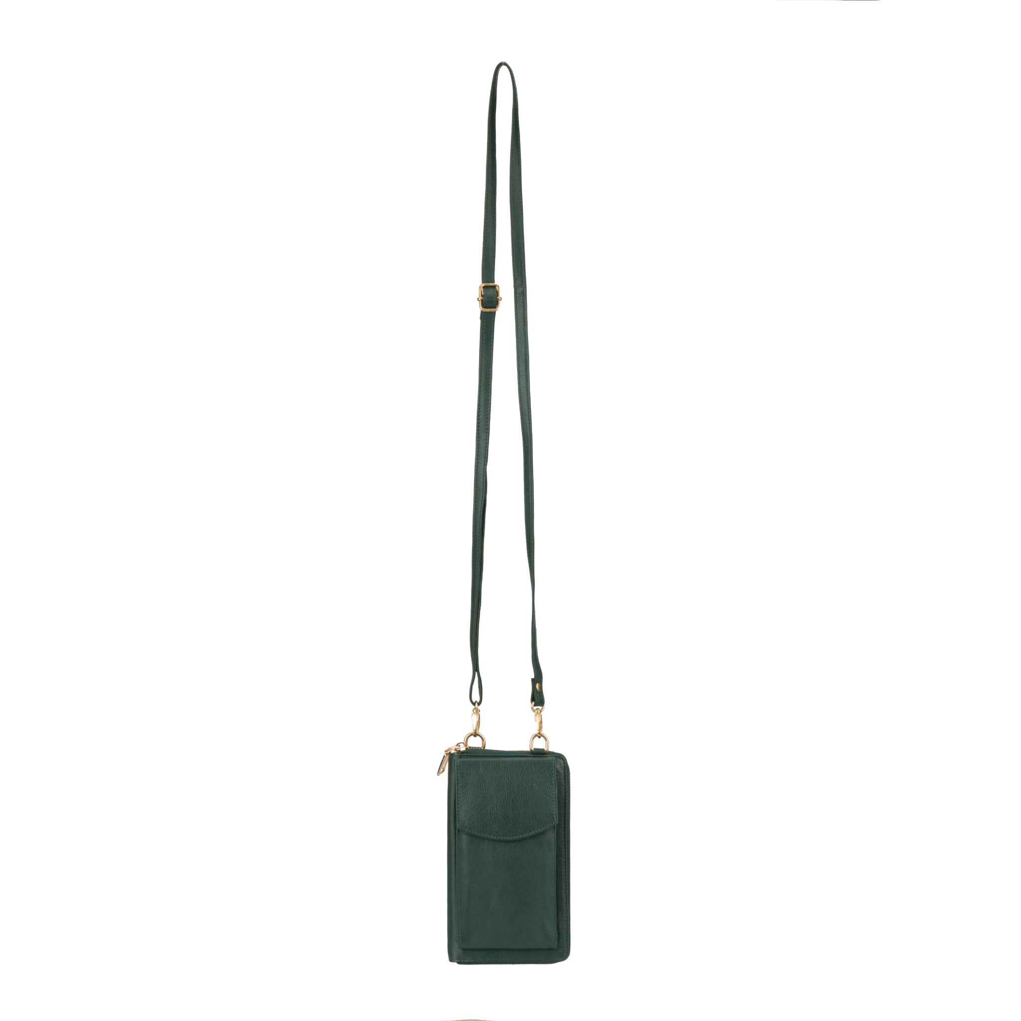 Forest Green Minori leather crossbody wallet bag with long adjustable strap, shown hanging vertically against a white background