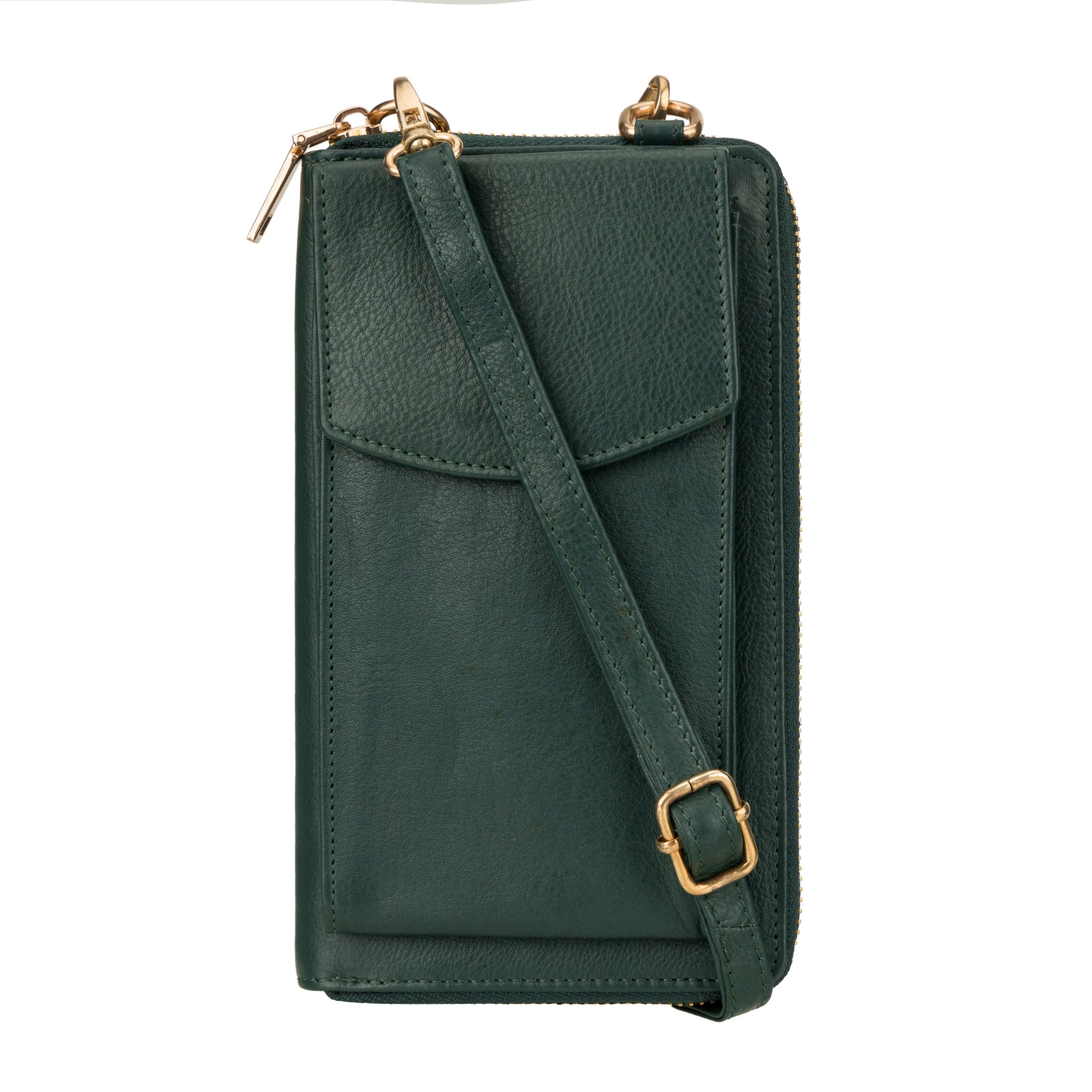 Close-up view of Forest Green Minori leather wallet bag with attached crossbody strap and gold hardware.