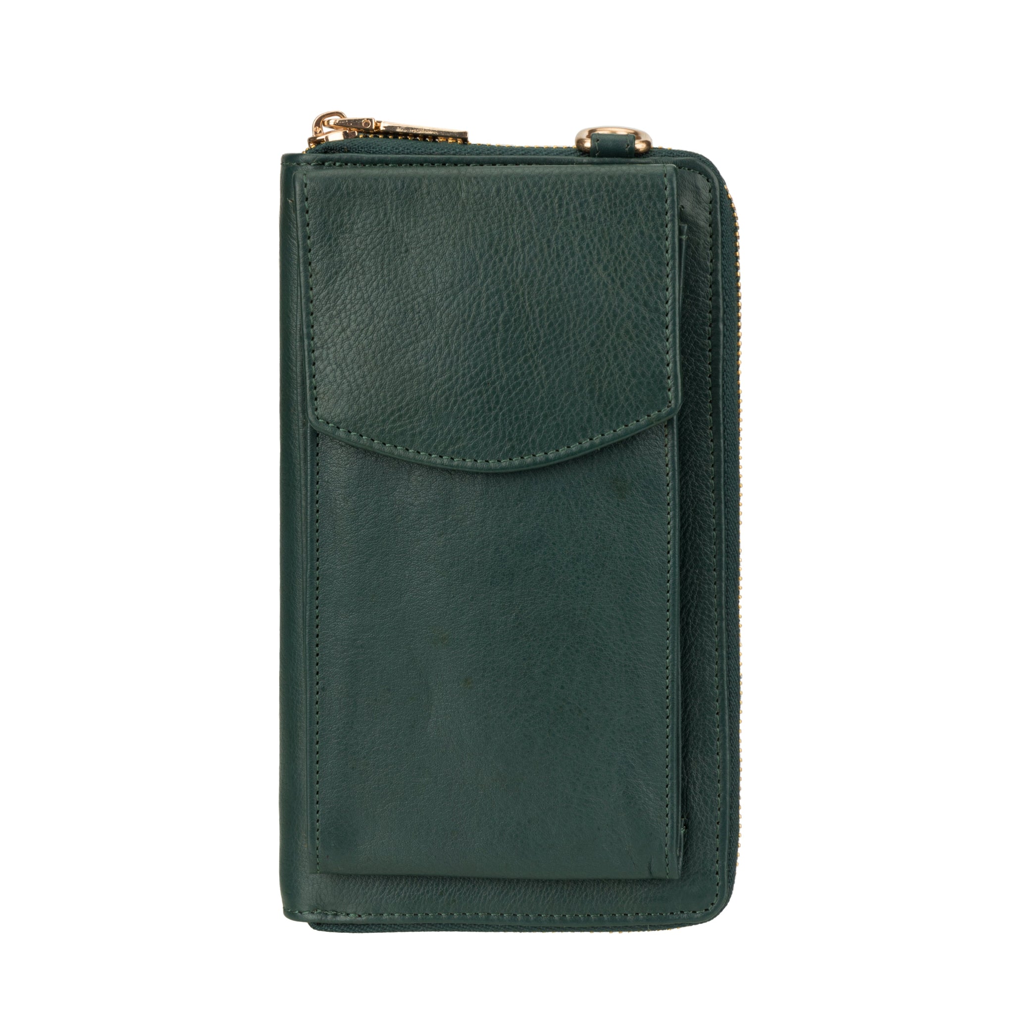 Front view of Forest Green Minori leather wallet bag with flap pocket and zipper closure