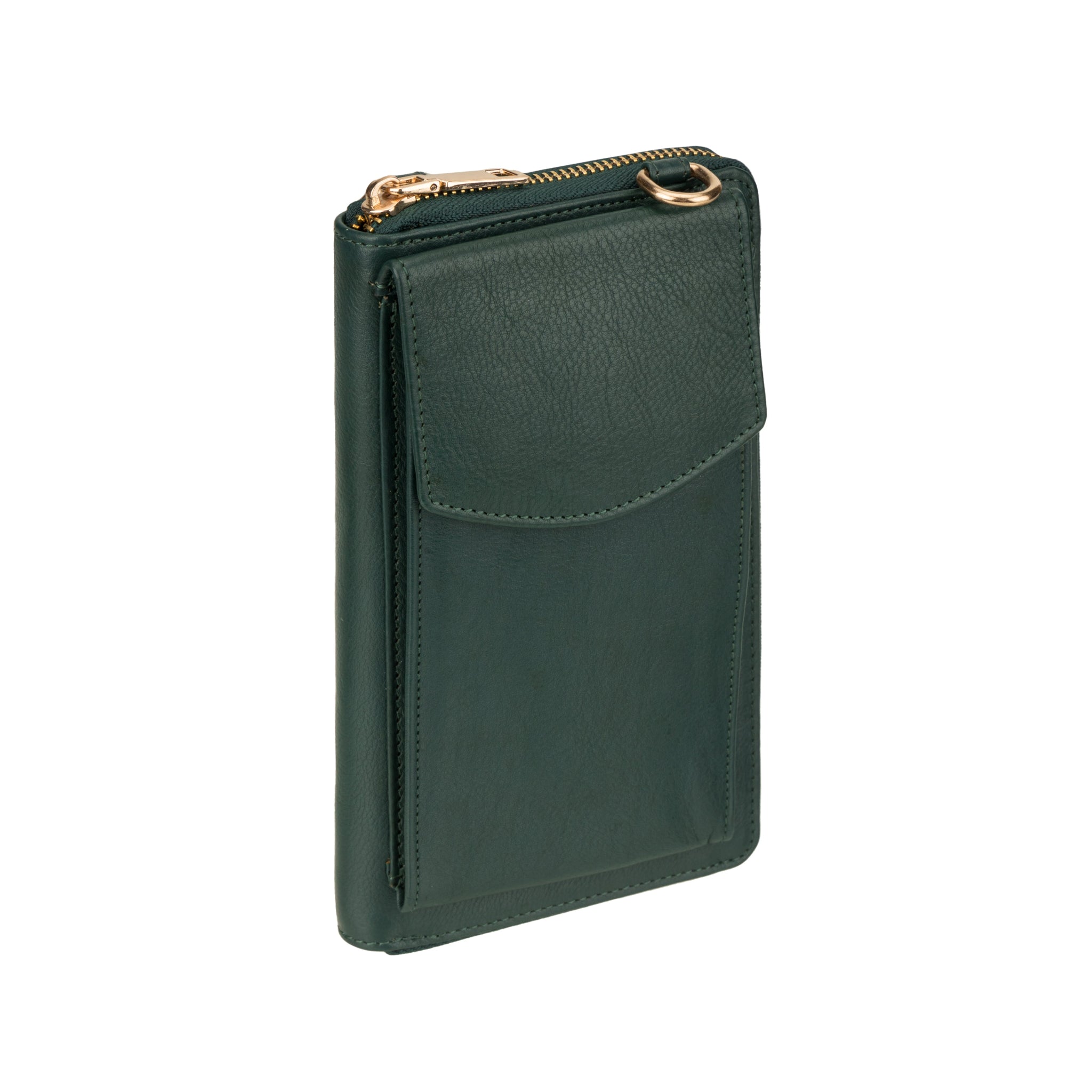 Angled side view of Forest Green Minori leather wallet bag highlighting the flap closure and slim profile