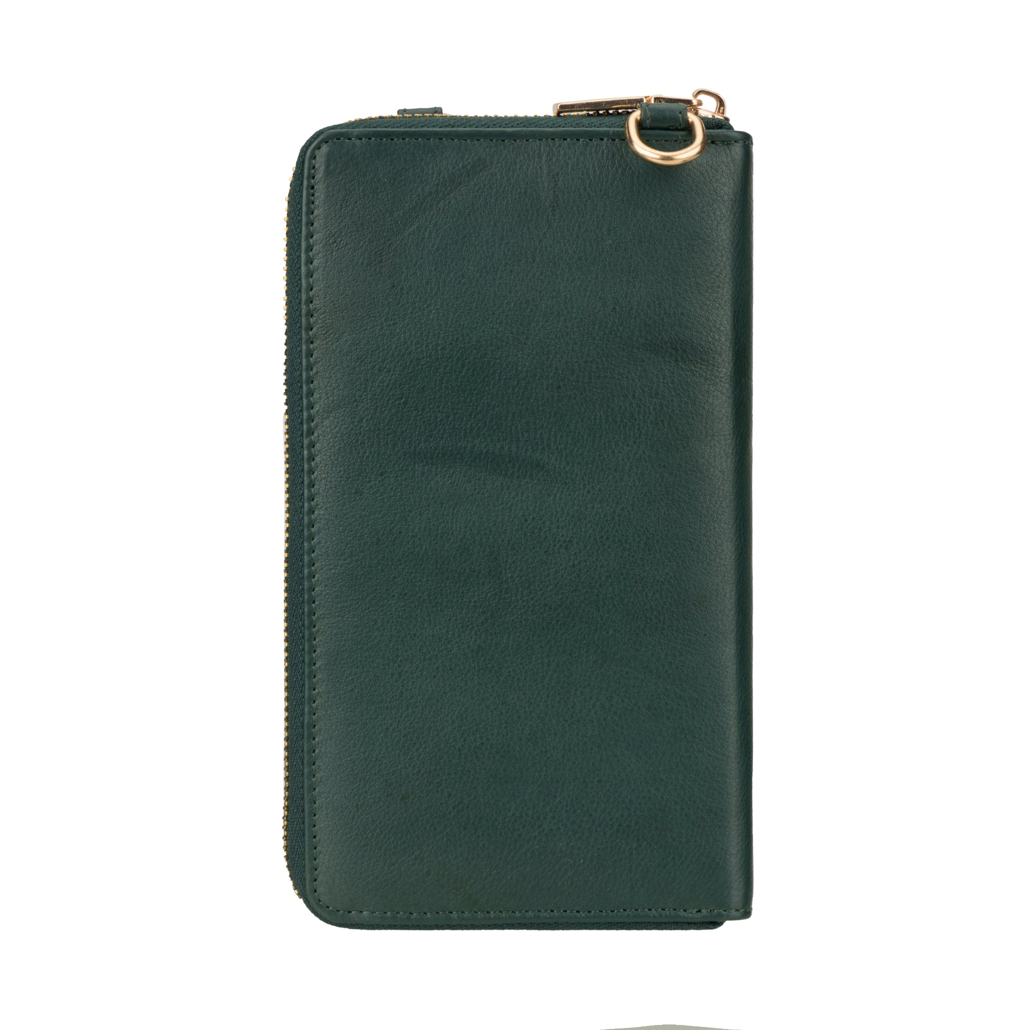 Back view of Forest Green leather wallet bag with clean, minimal design and gold ring hardware.