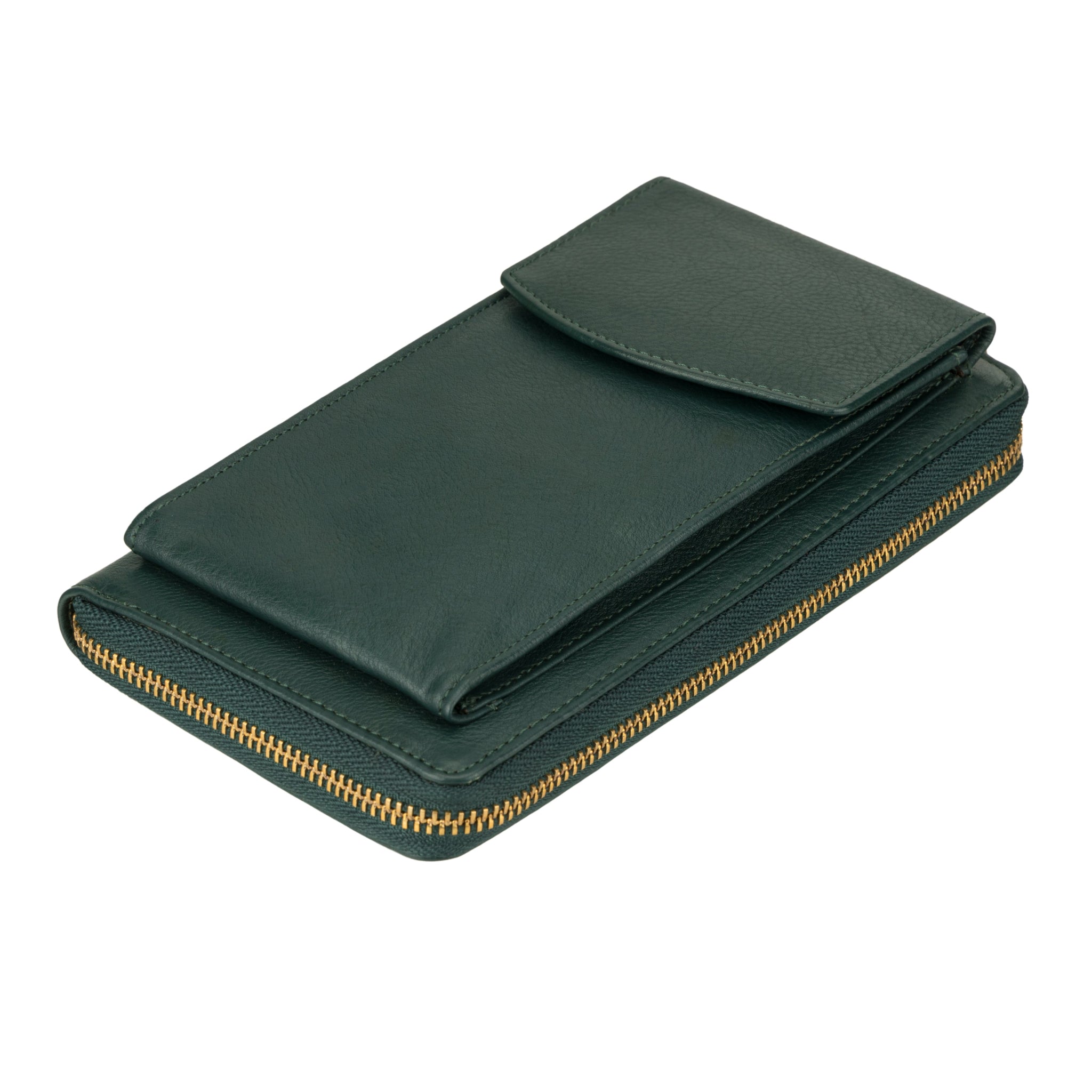 Green leather wallet bag shown lying flat with visible gold zipper and curved flap pocket.