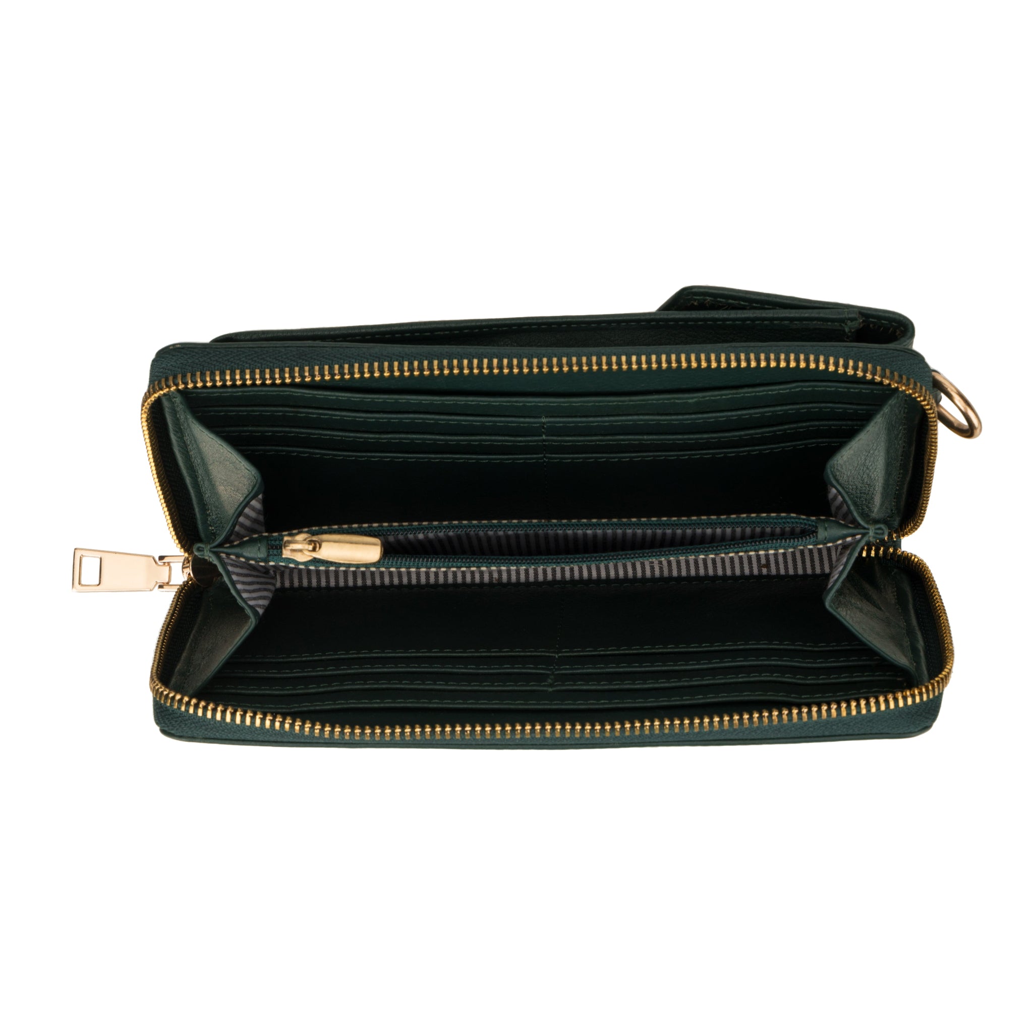 Interior view of Forest Green Minori leather wallet bag, showing multiple card slots, zippered pocket, and ample storage compartments