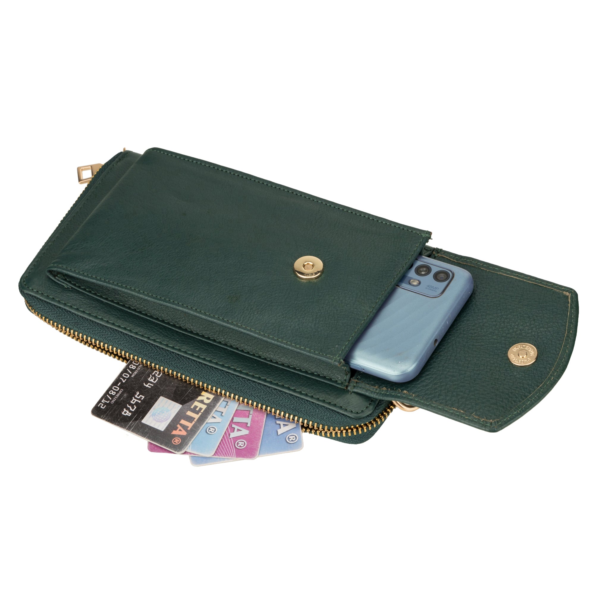 Forest Green Minori leather wallet bag with cards and smartphone inside front pocket, demonstrating storage capacity.