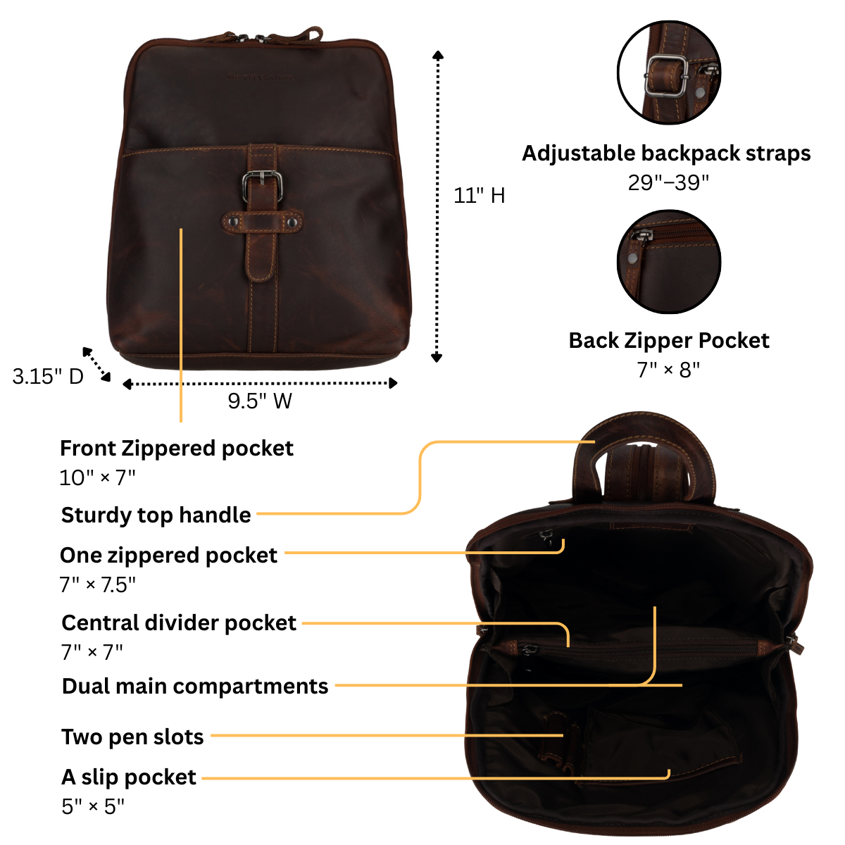 Brown minori leather backpack with features and measurements labeled on a white background