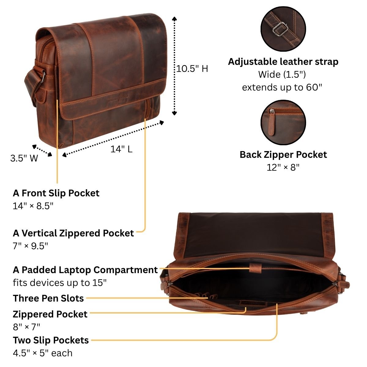 Jordan Leather Messenger Bag in Chestnut - Minori Leather