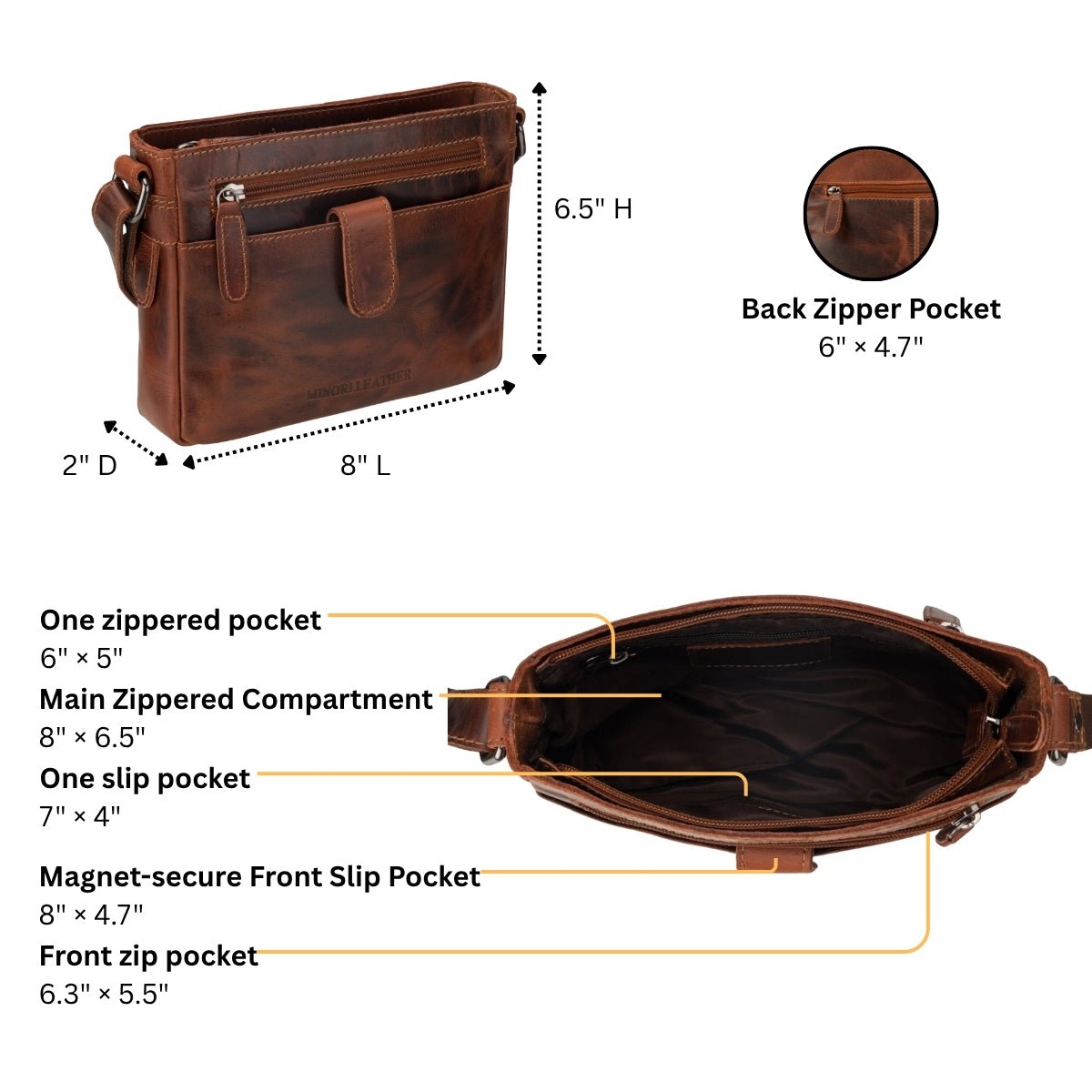 Minori Leather Kingston unisex leather crossbody bag in chestnut, featuring a sleek design with adjustable strap and spacious interior.