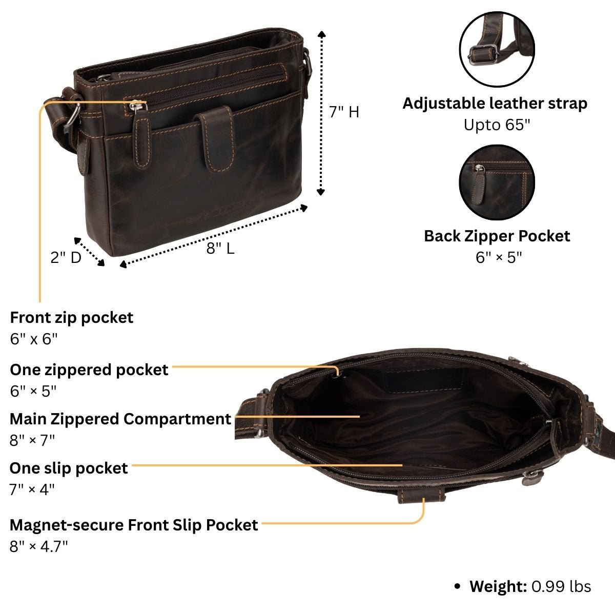 Brown Kingston Leather crossbody bag by Minori Leather, unisex design with adjustable strap and sleek leather finish.