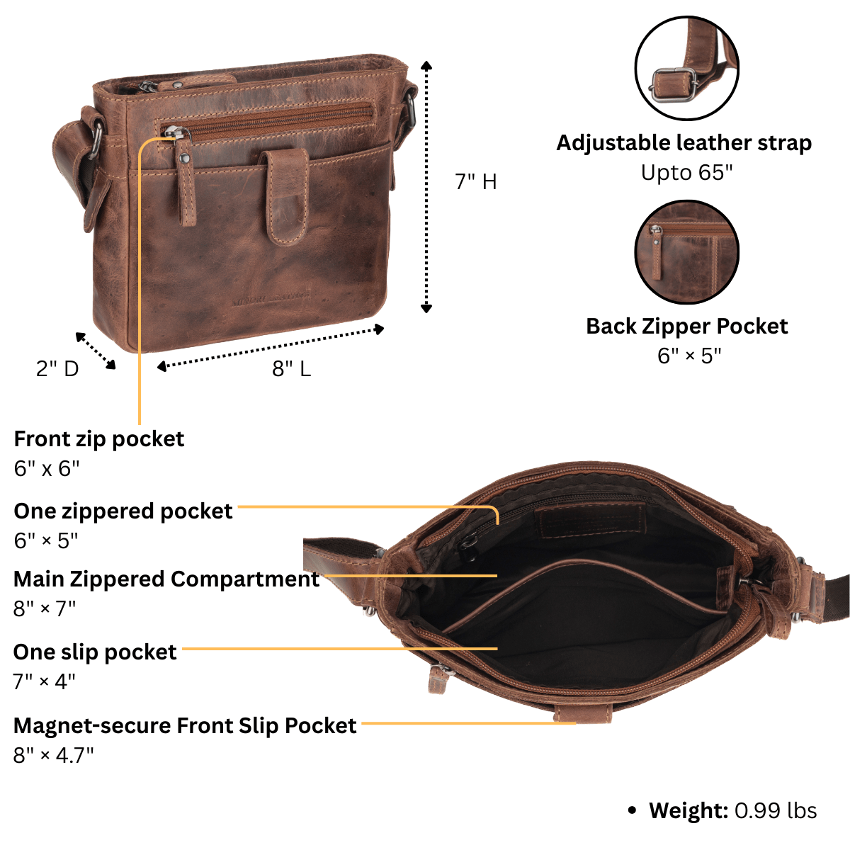 Kingston Leather Crossbody Bag – Unisex – Chestnut - Minori Leather