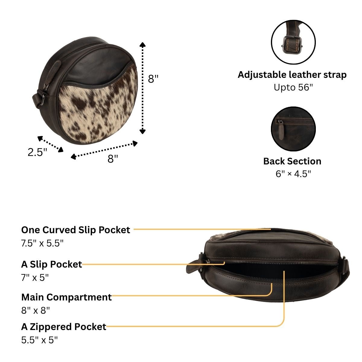 Minori Leather Luna round crossbody bag for women in chestnut, brown, and hair-on brown leather with a sleek, circular design.