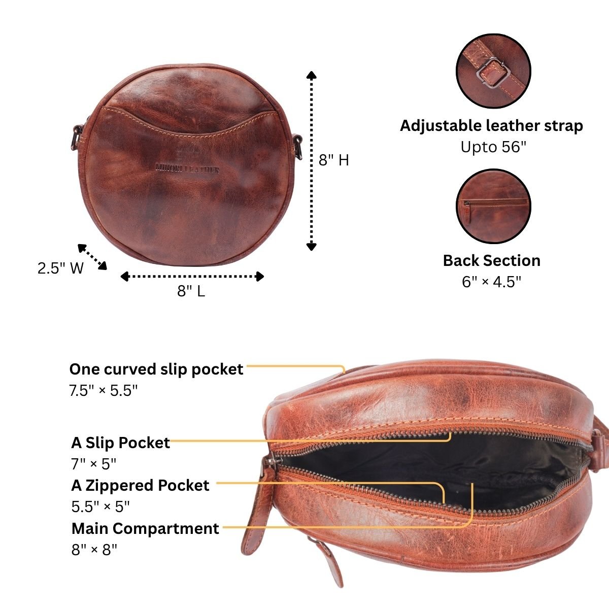 Luna Leather Crossbody Bag – Adjustable Strap, Multiple Interior Pockets, Compact Everyday - Minori Leather