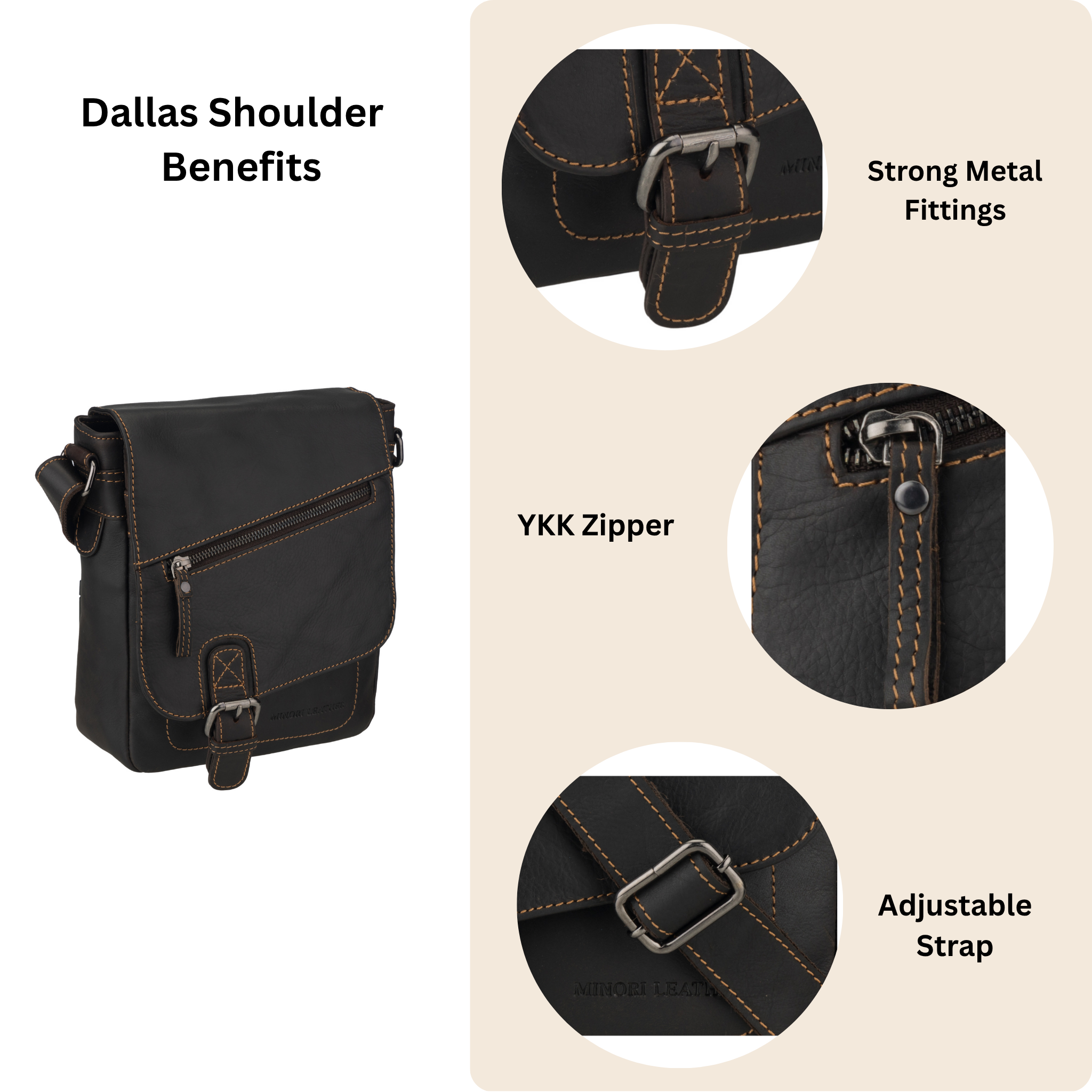 Brown Minori leather shoulder bag with close-up details on metal fittings, YKK zipper, and adjustable strap on a beige background.