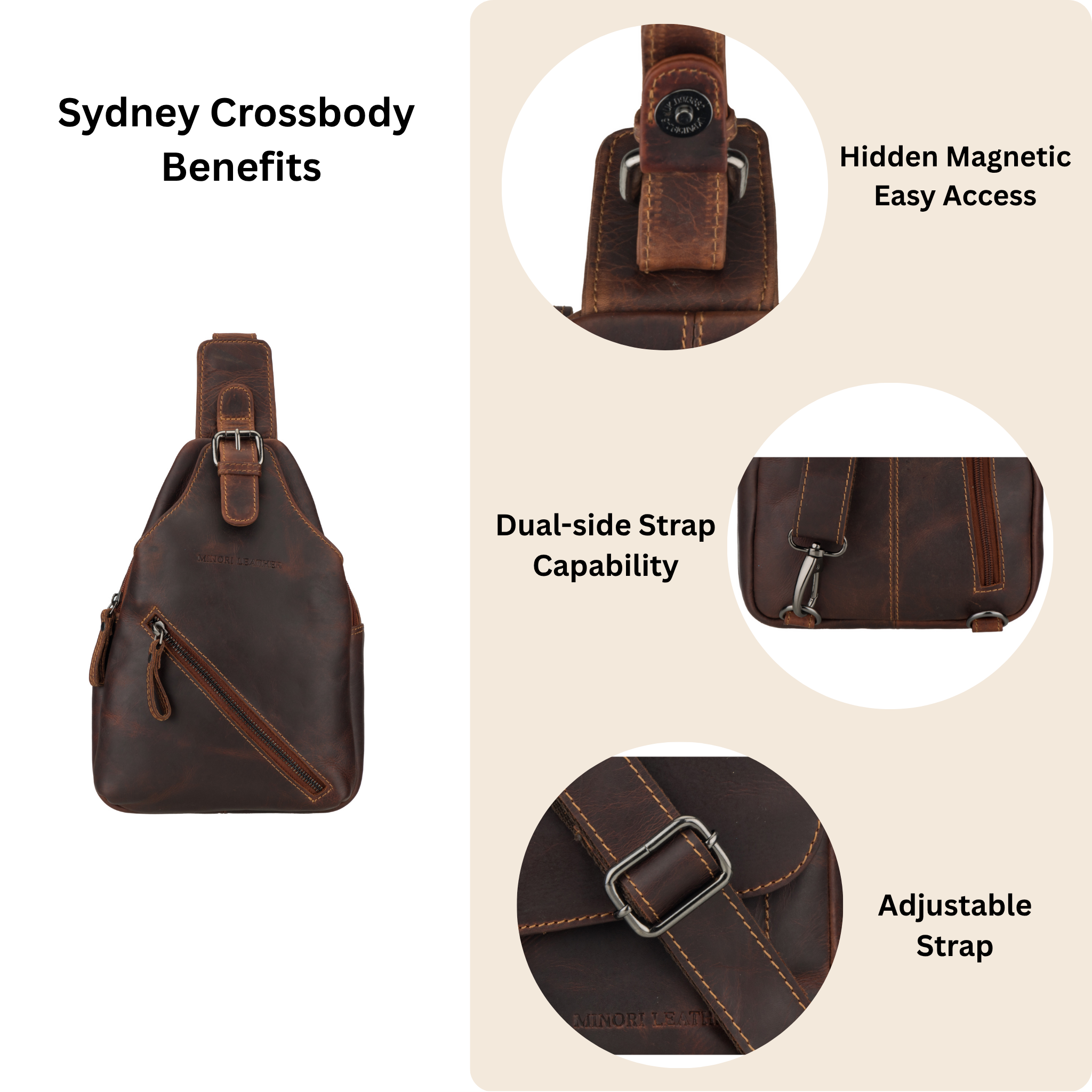 Brown crossbody Minori leather bag with visible features and text on a beige background