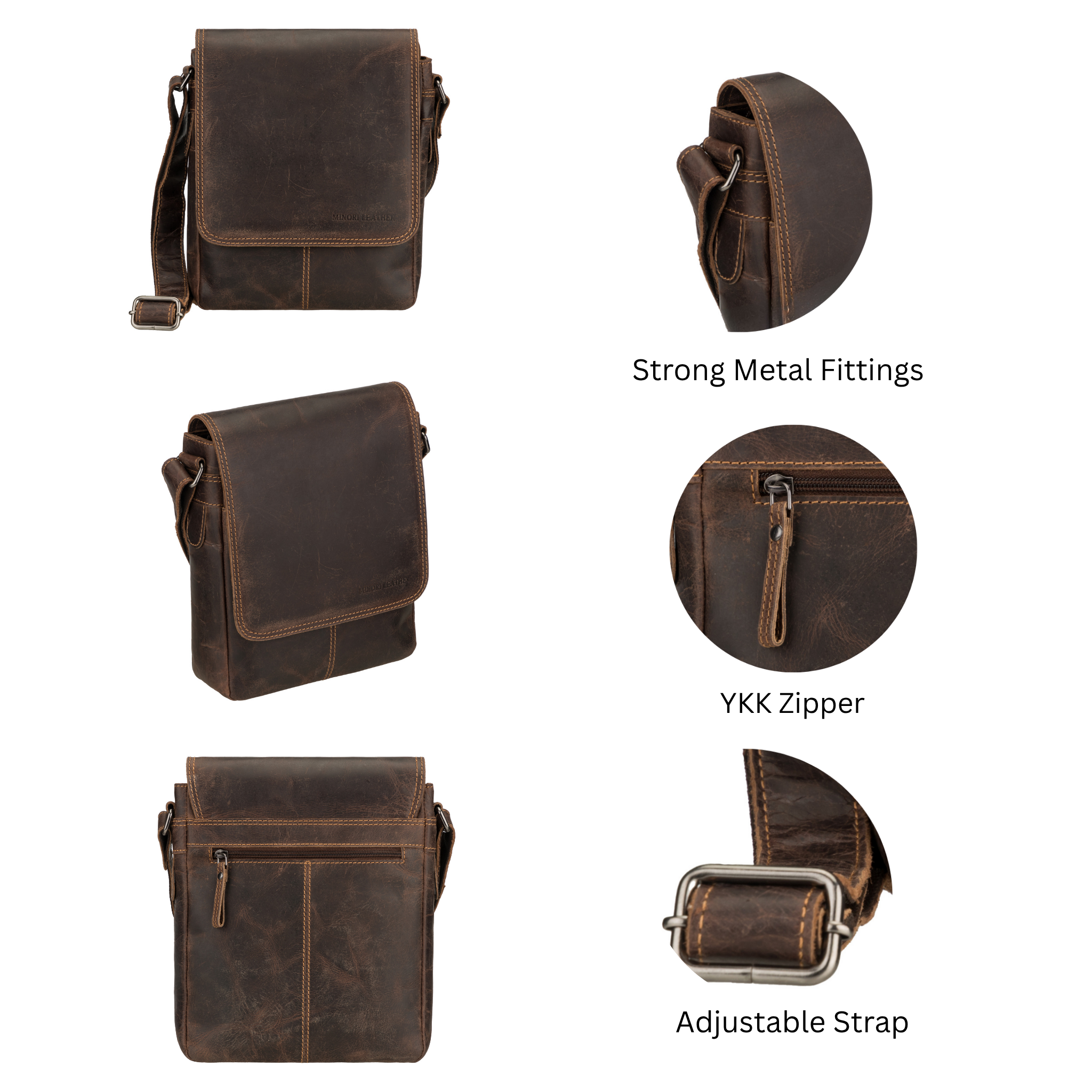 Brown Minori leather bag with close-up details on metal fittings, YKK zipper, and adjustable strap.