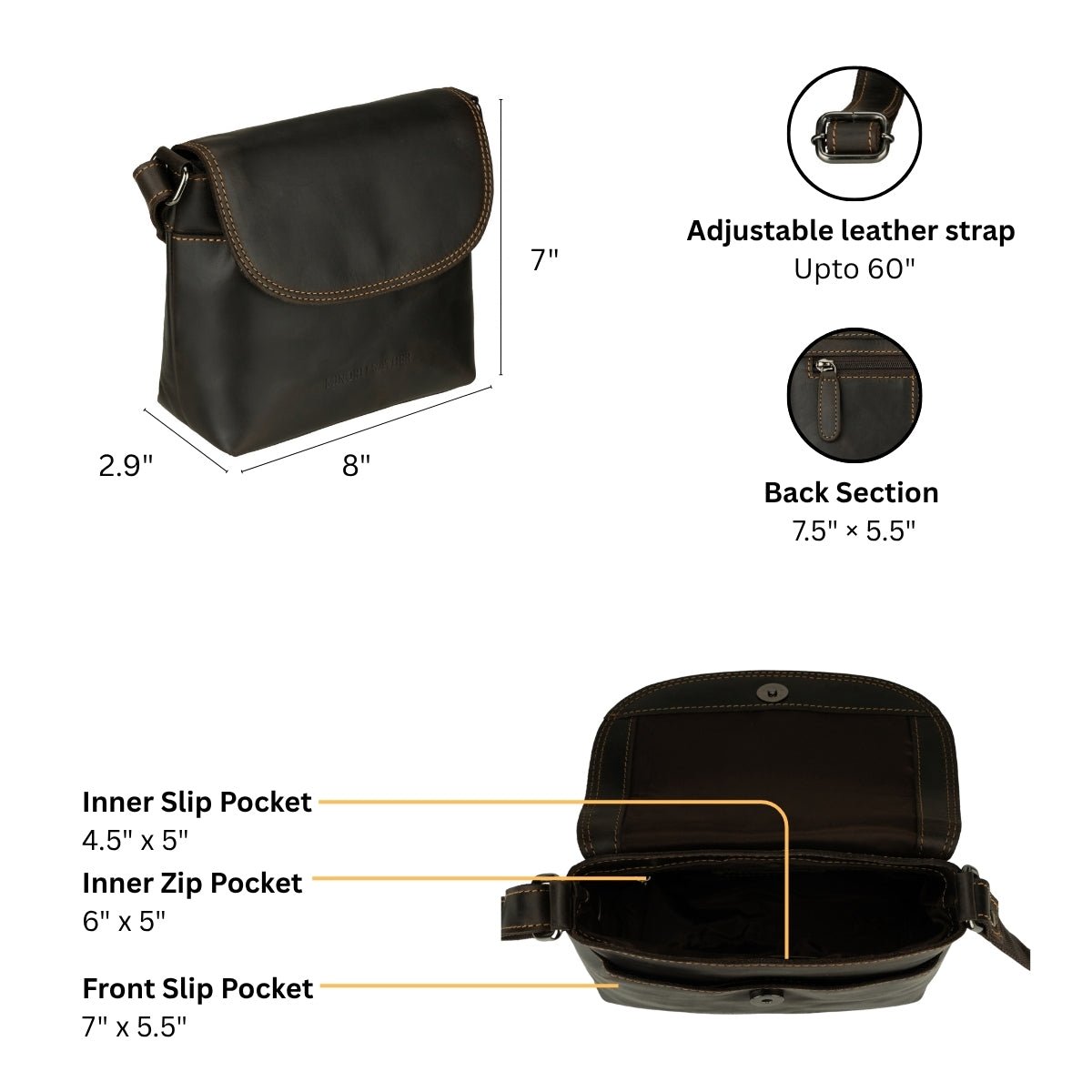 Minori Leather Metro Crossbody Bag in brown with adjustable strap and sleek design, made of genuine leather.