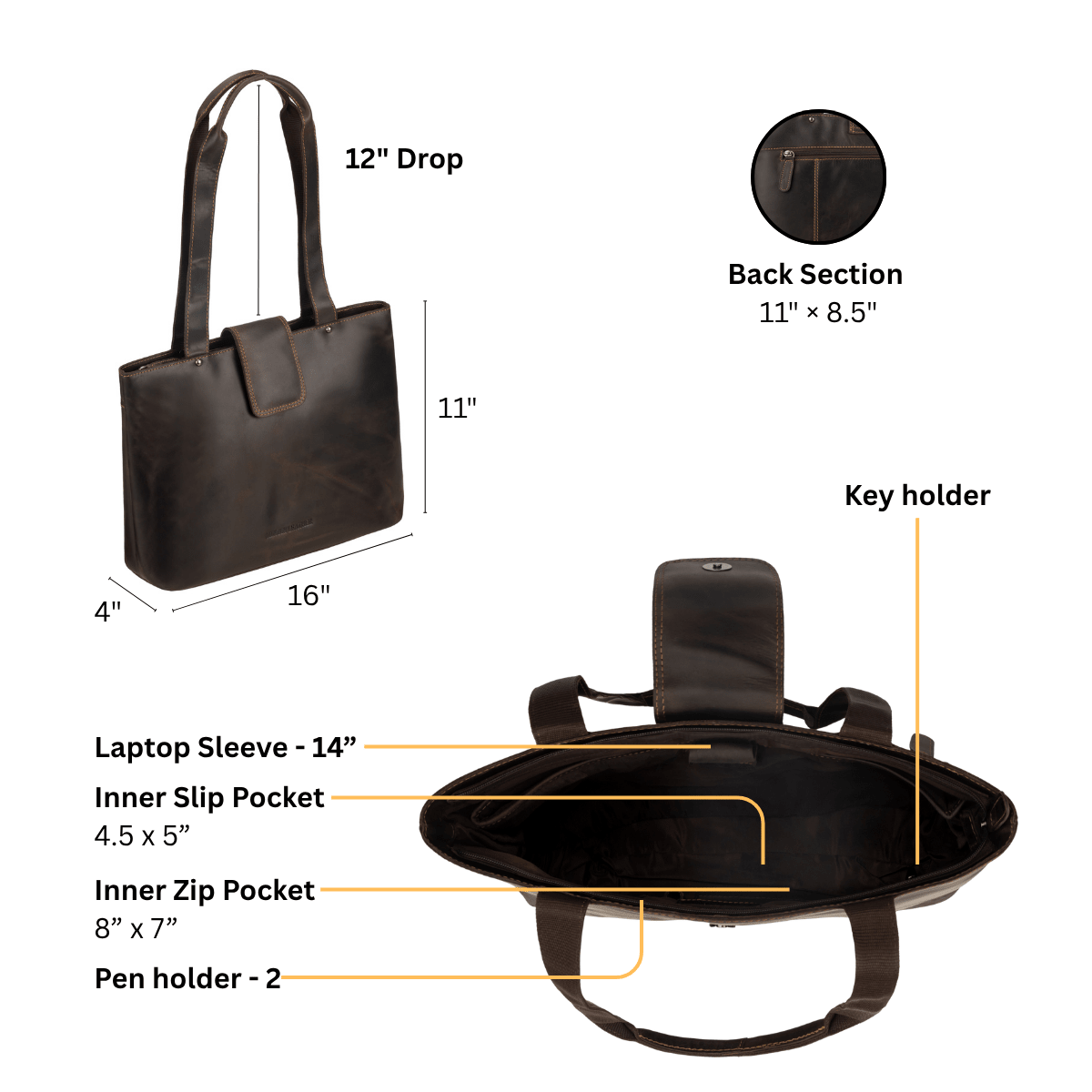 Brown Minori Leather Everett shoulder tote bag with sturdy handles and spacious interior, ideal for daily use and stylish carry.