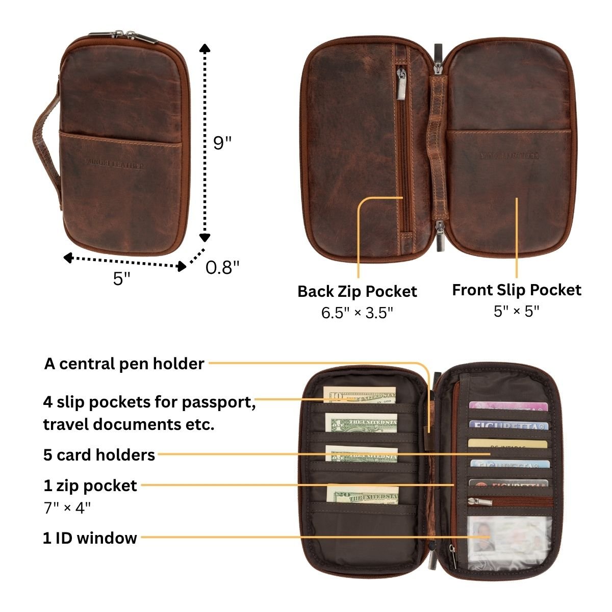Minori Leather Monroe Leather Passport Wallet in chestnut, featuring a compact design with leather craftsmanship and multiple card slots.