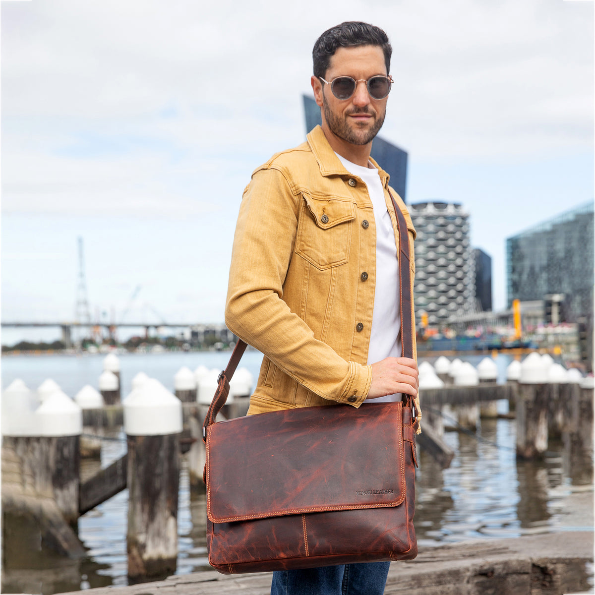 Richmond Full Grain Leather Laptop Messenger Bag 16 Inch for Men, Work Bag, Espresso - Minori Leather
