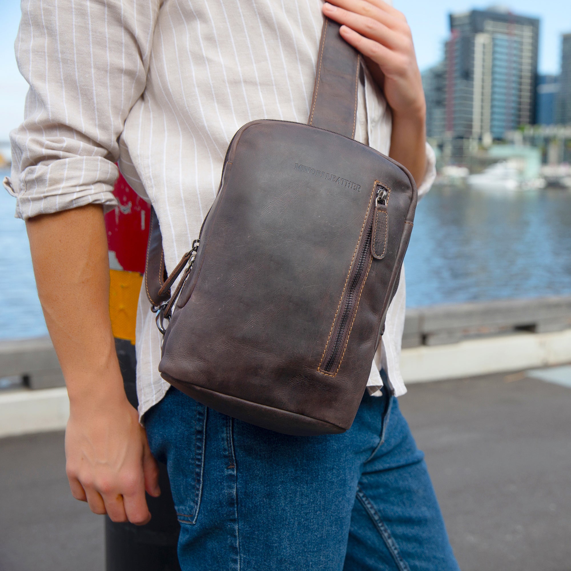Brown Luxe Leather Sling Bag by Minori Leather, unisex crossbody bag with sleek design and adjustable strap.