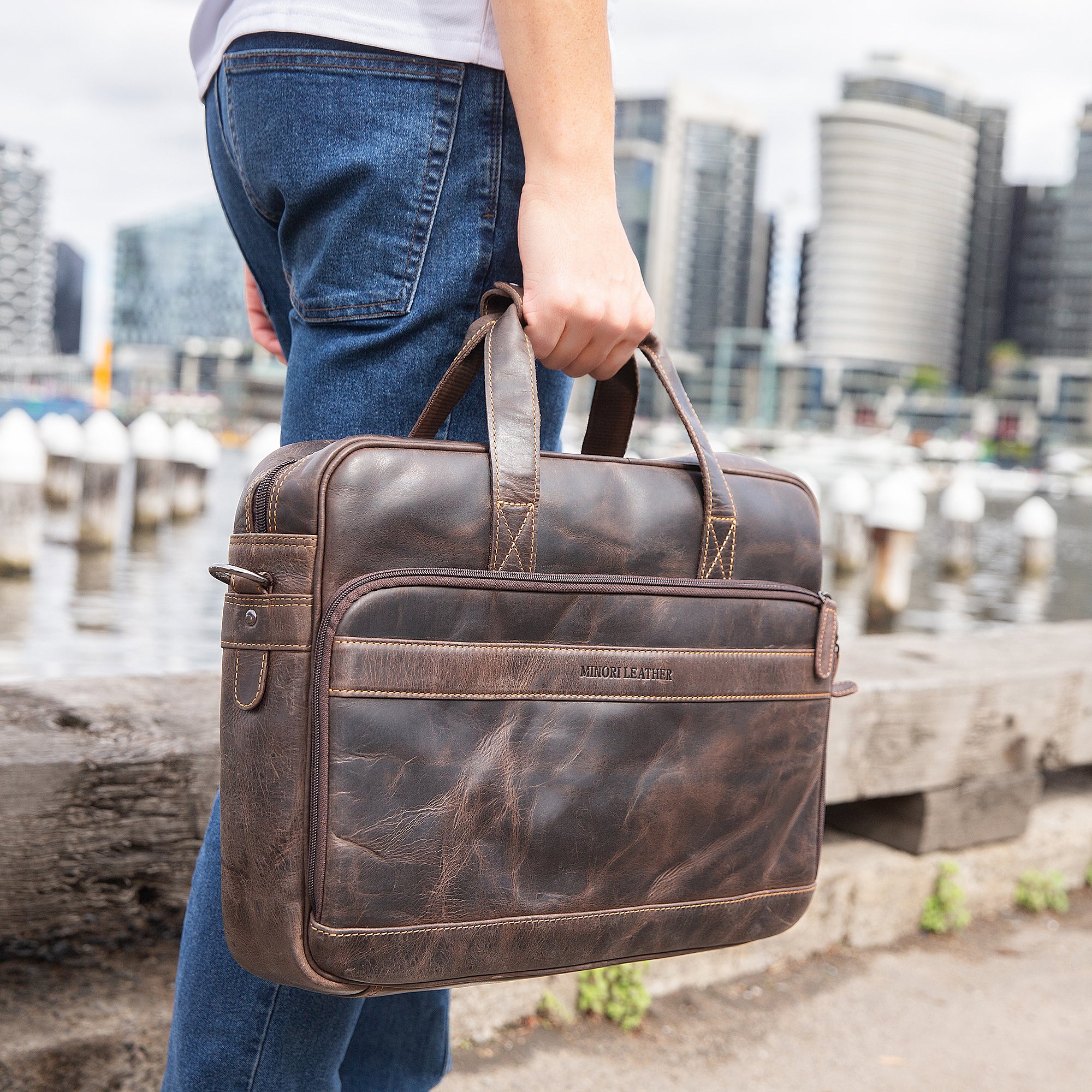 Sutton Briefcase 16" Brown - Minori Leather
