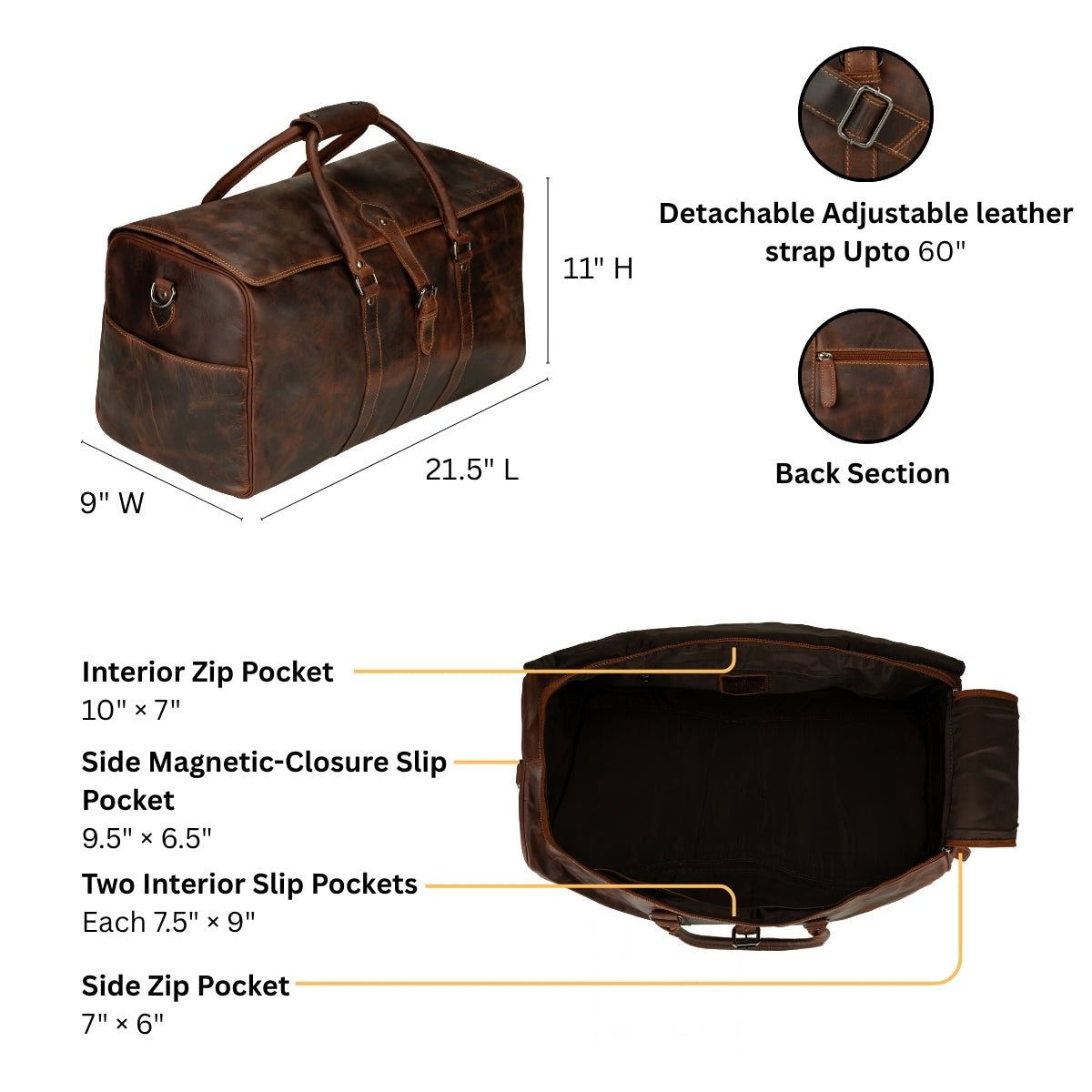 Minori Leather Miami Chestnut leather unisex weekender duffle bag with sturdy handles and spacious interior, stylish travel accessory.