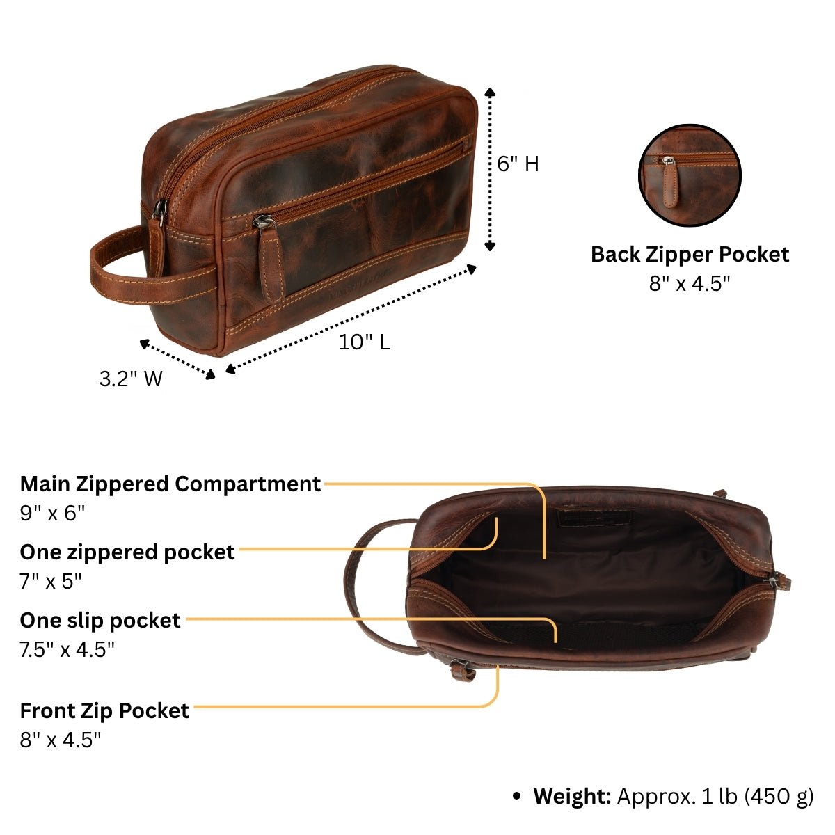 Minori Leather Montana men's leather toiletry bag in chestnut with multiple compartments and sturdy zipper for travel organization.