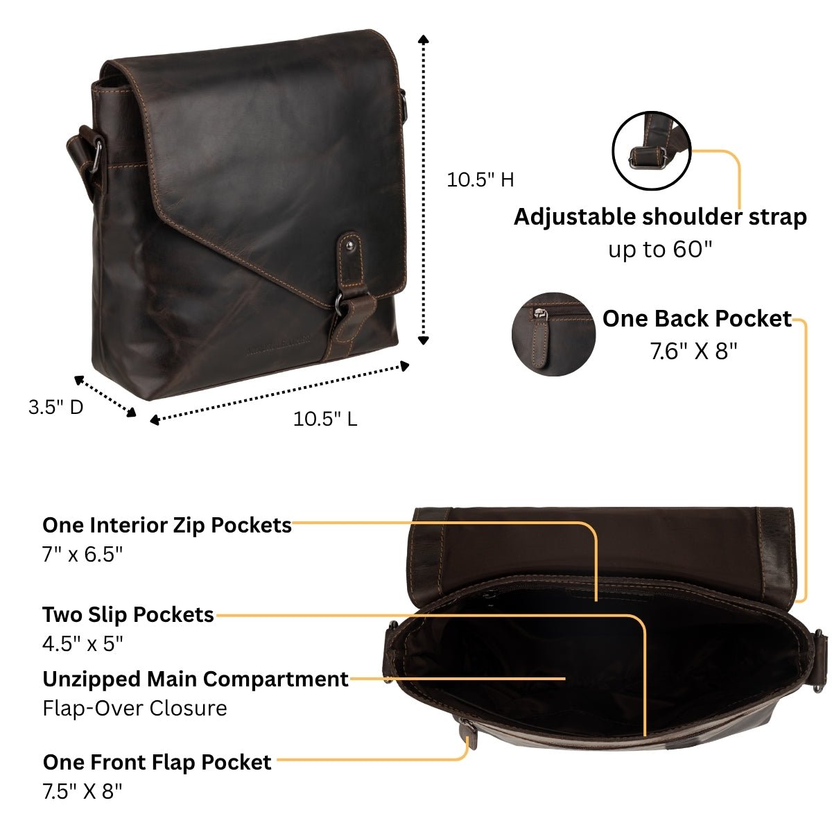 Minori Leather Noah leather crossbody satchel bag in brown with adjustable strap and silver hardware, shown with detailed stitching.