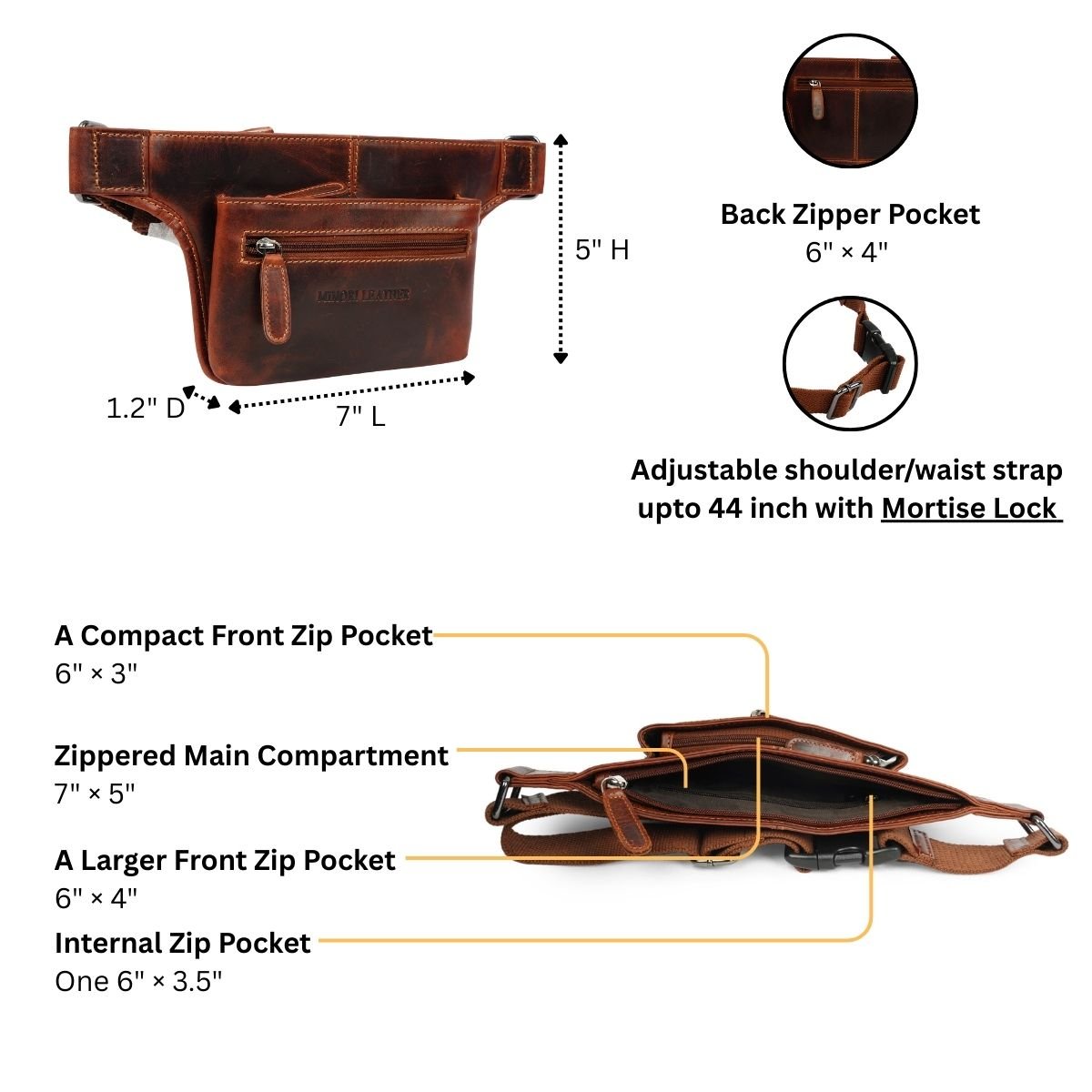 Minori Leather Osaka leather belt bag in chestnut, unisex fanny pack with adjustable strap and multiple compartments.