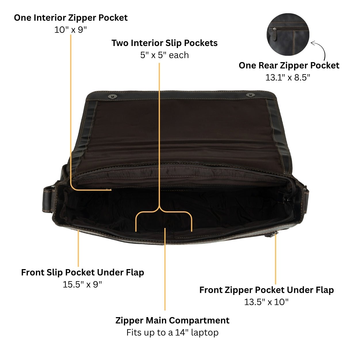 Brown Richmond full grain leather laptop messenger bag for men, 16-inch work bag by Minori Leather with detailed features.