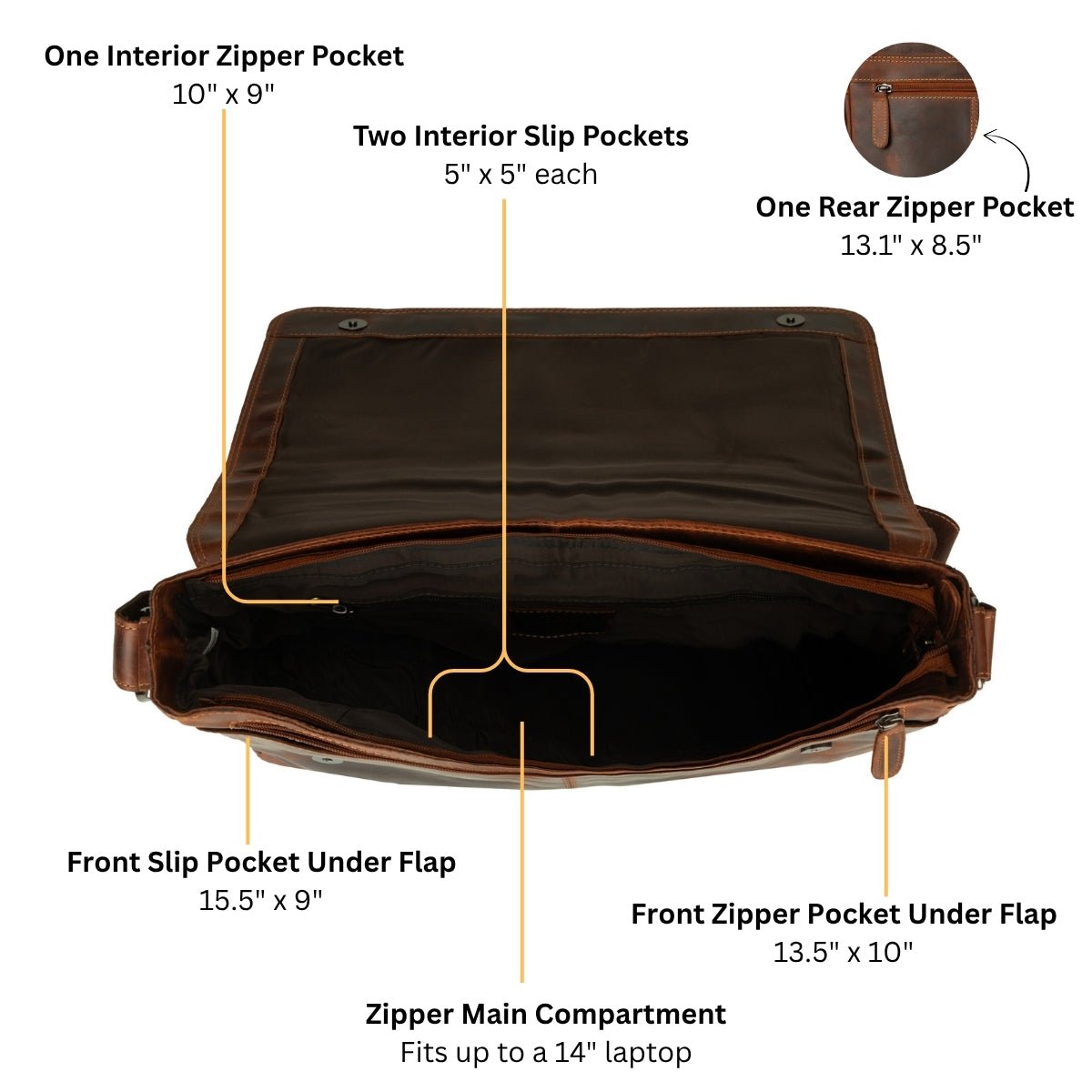 Richmond Full Grain Leather Laptop Messenger Bag 16 Inch for Men, Work Bag, Chestnut - Minori Leather
