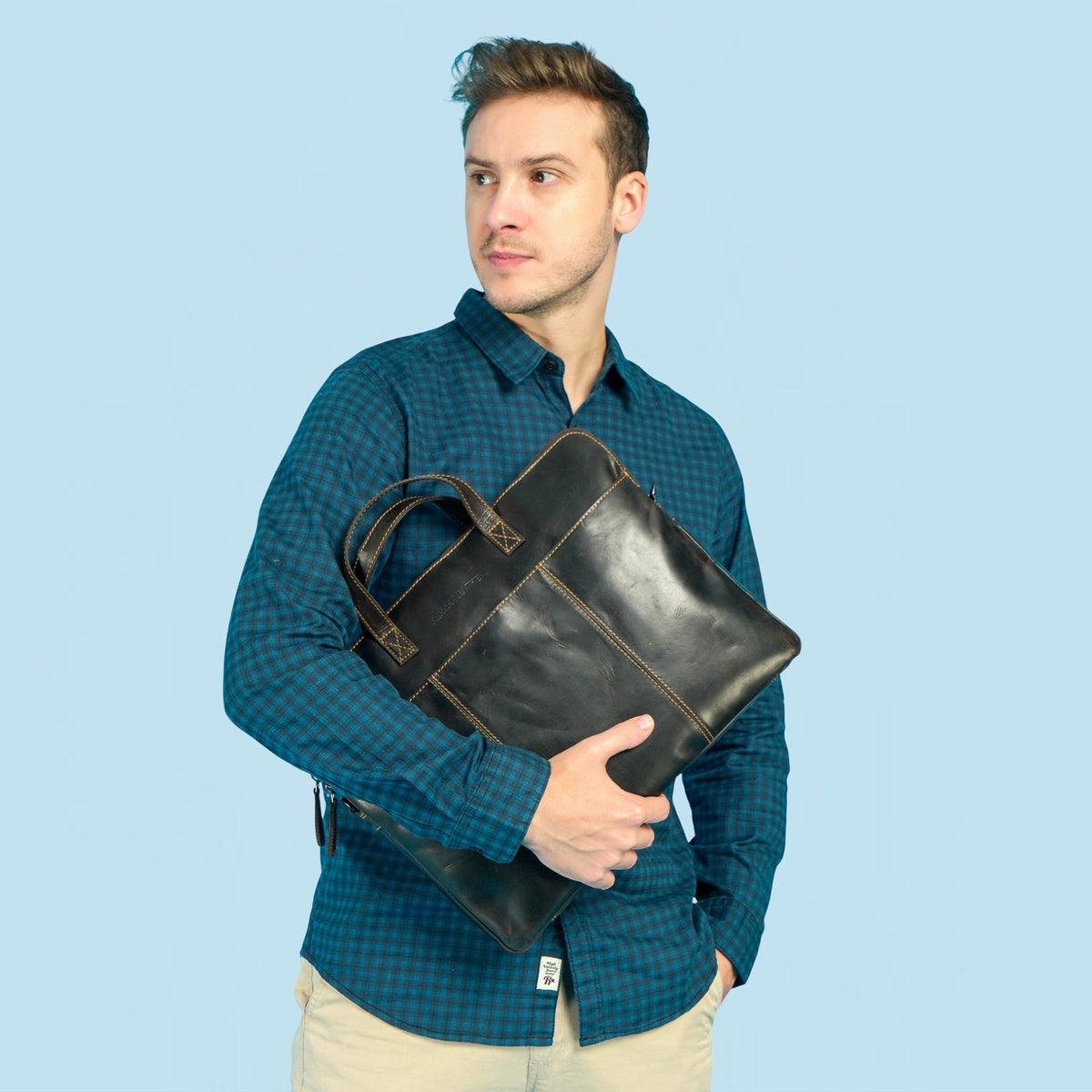 Brown Atlas Leather 14-inch laptop sleeve by Minori Leather, unisex design with sleek, durable leather exterior and soft interior lining.