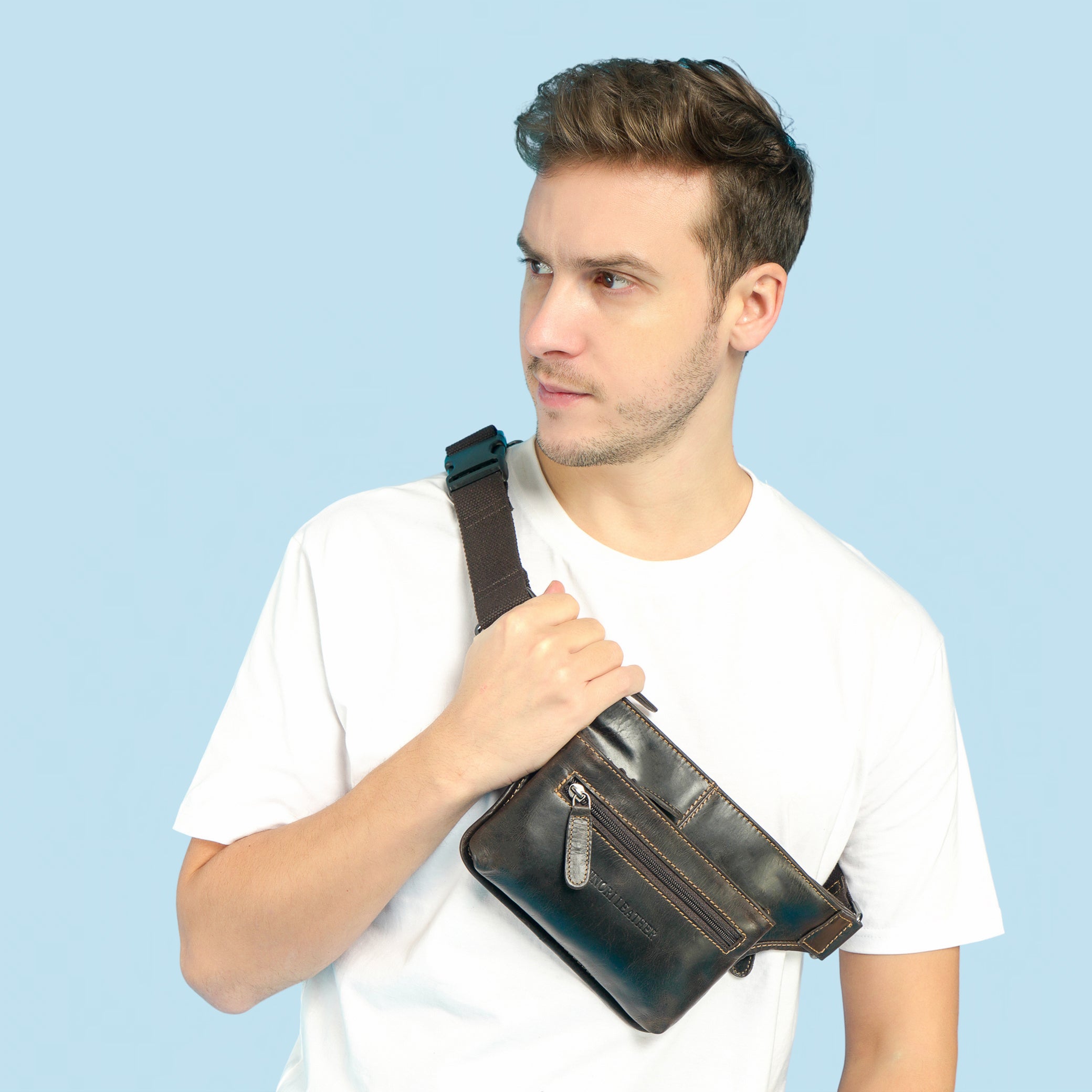 Brown Osaka Leather Belt Bag by Minori Leather, unisex fanny pack with adjustable strap and compact design.