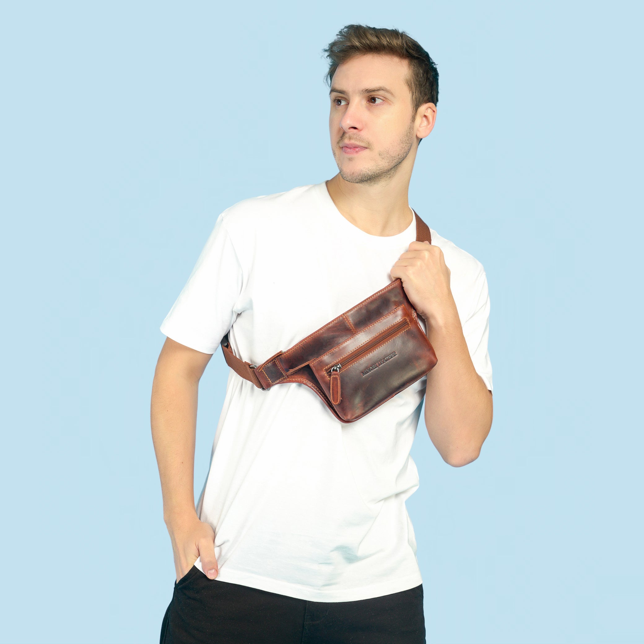 Minori Leather Osaka Leather Belt Bag in chestnut, unisex fanny pack with adjustable strap and sleek leather design.