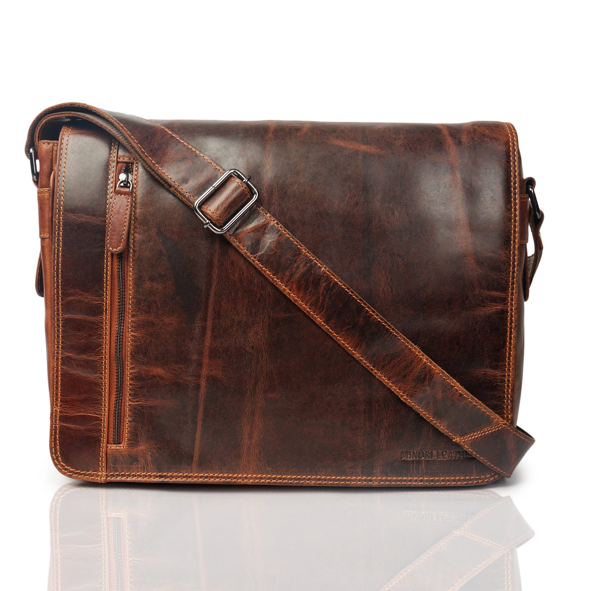 William Leather Messenger Bag 15" – Unisex – Brown - Minori Leather