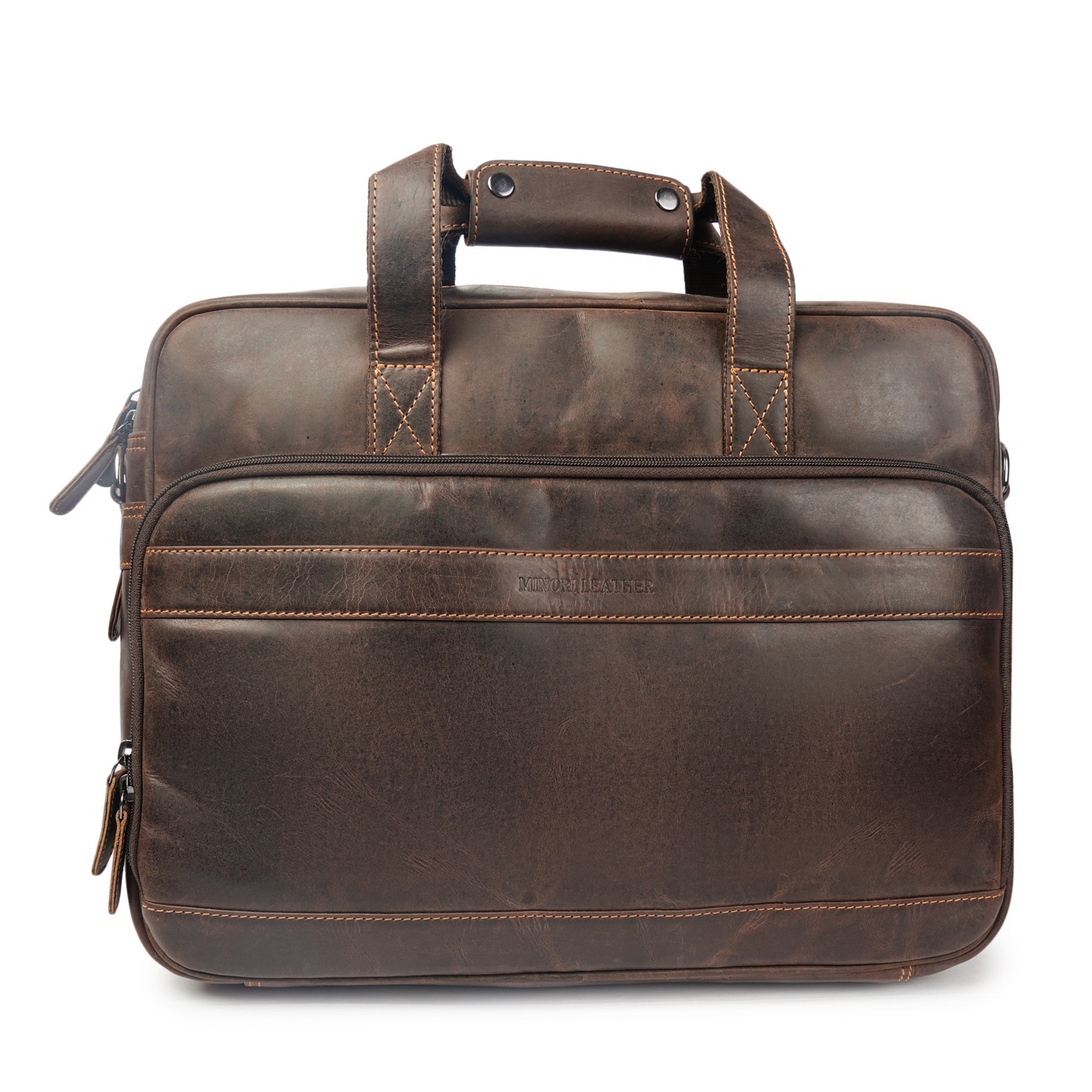 Brown leather briefcase on a white background