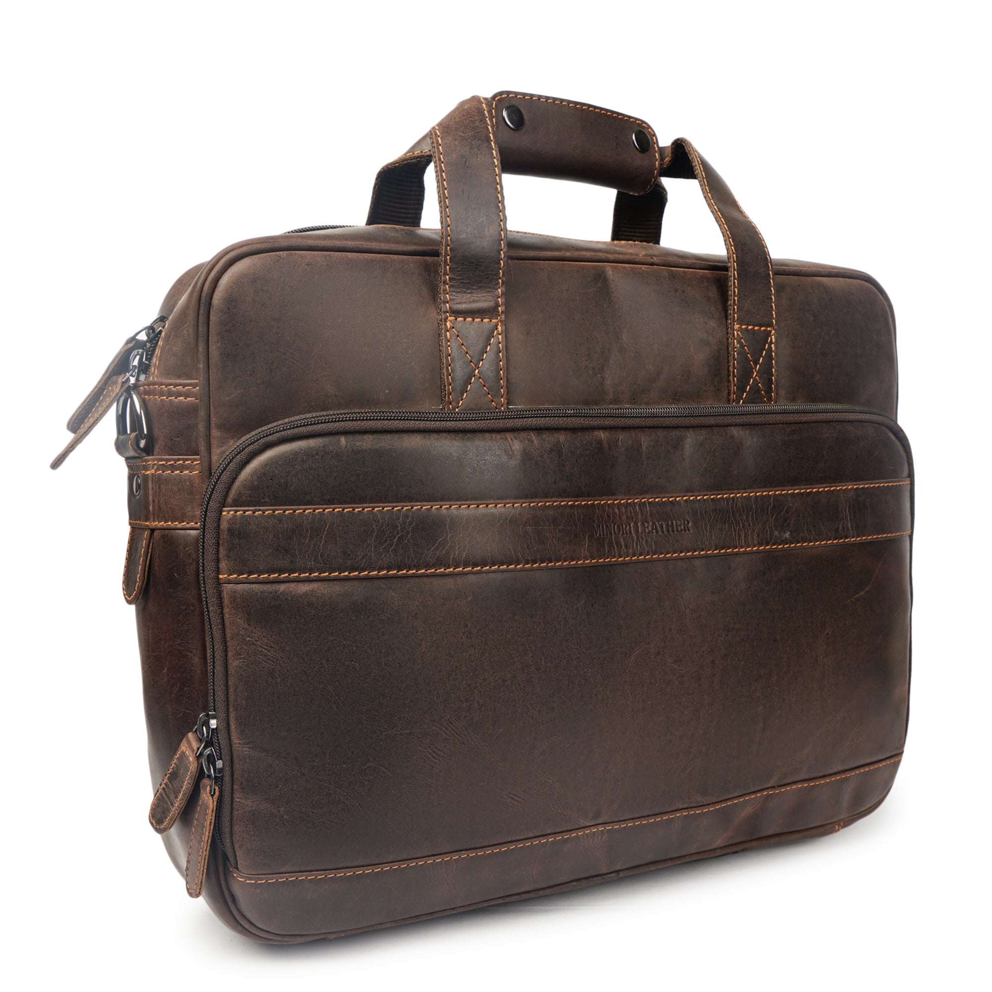Brown leather briefcase on a white background