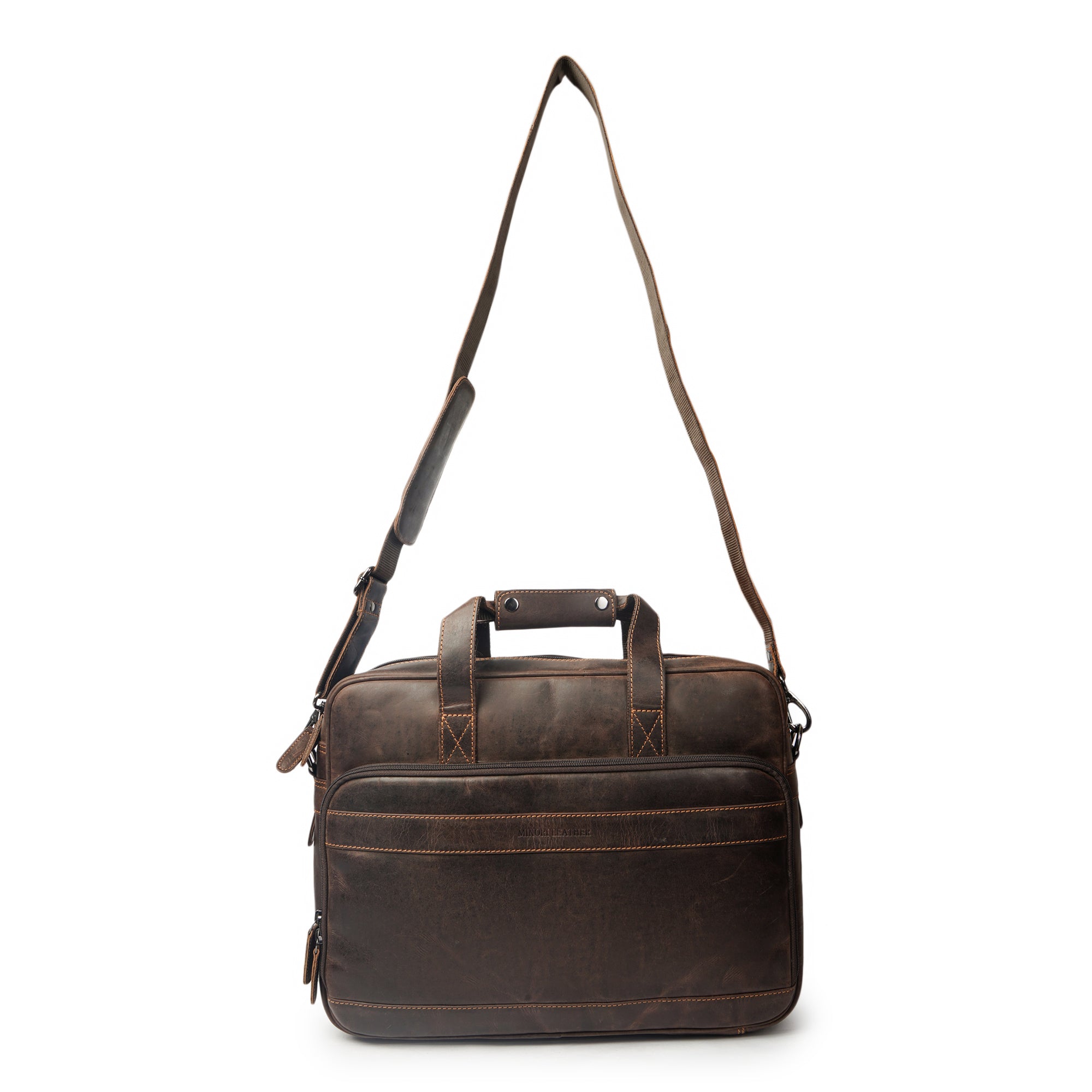 Brown leather briefcase with shoulder strap on a white background