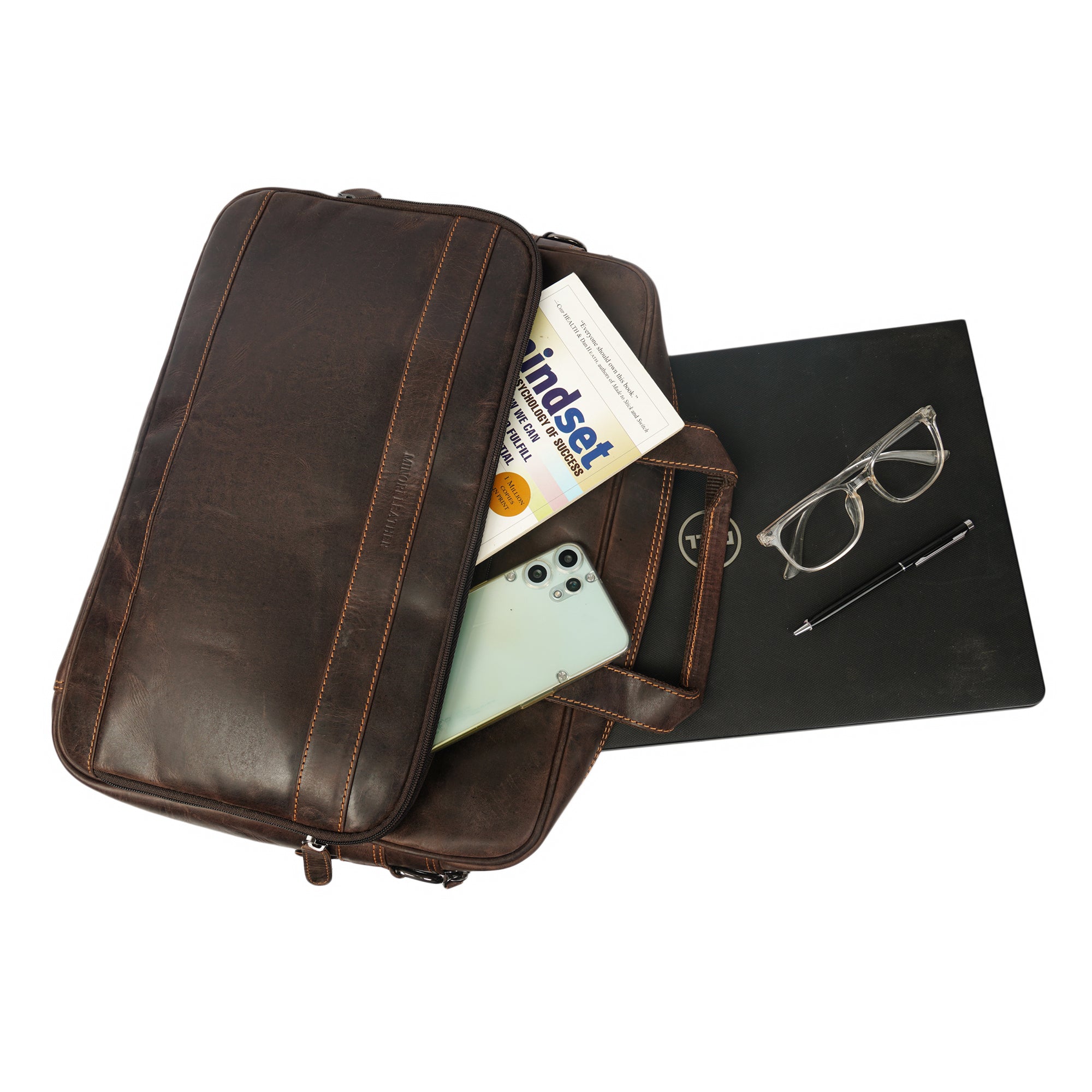 Brown Sutton leather briefcase bag by Minori Leather, 16-inch unisex briefcase with sturdy handle and sleek design.