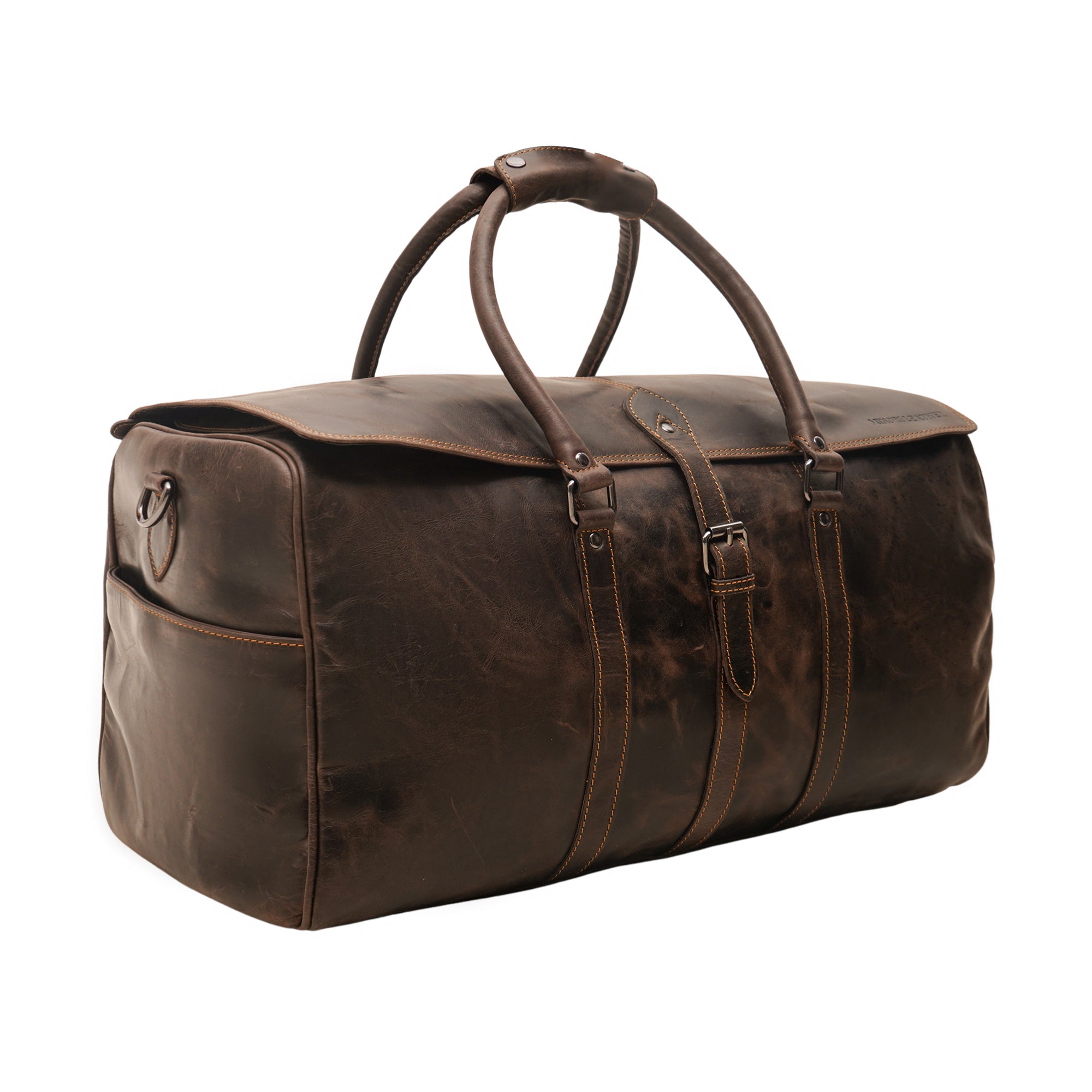 Brown Miami Leather Weekender duffle bag by Minori Leather, showcasing sturdy leather handles and spacious interior.
