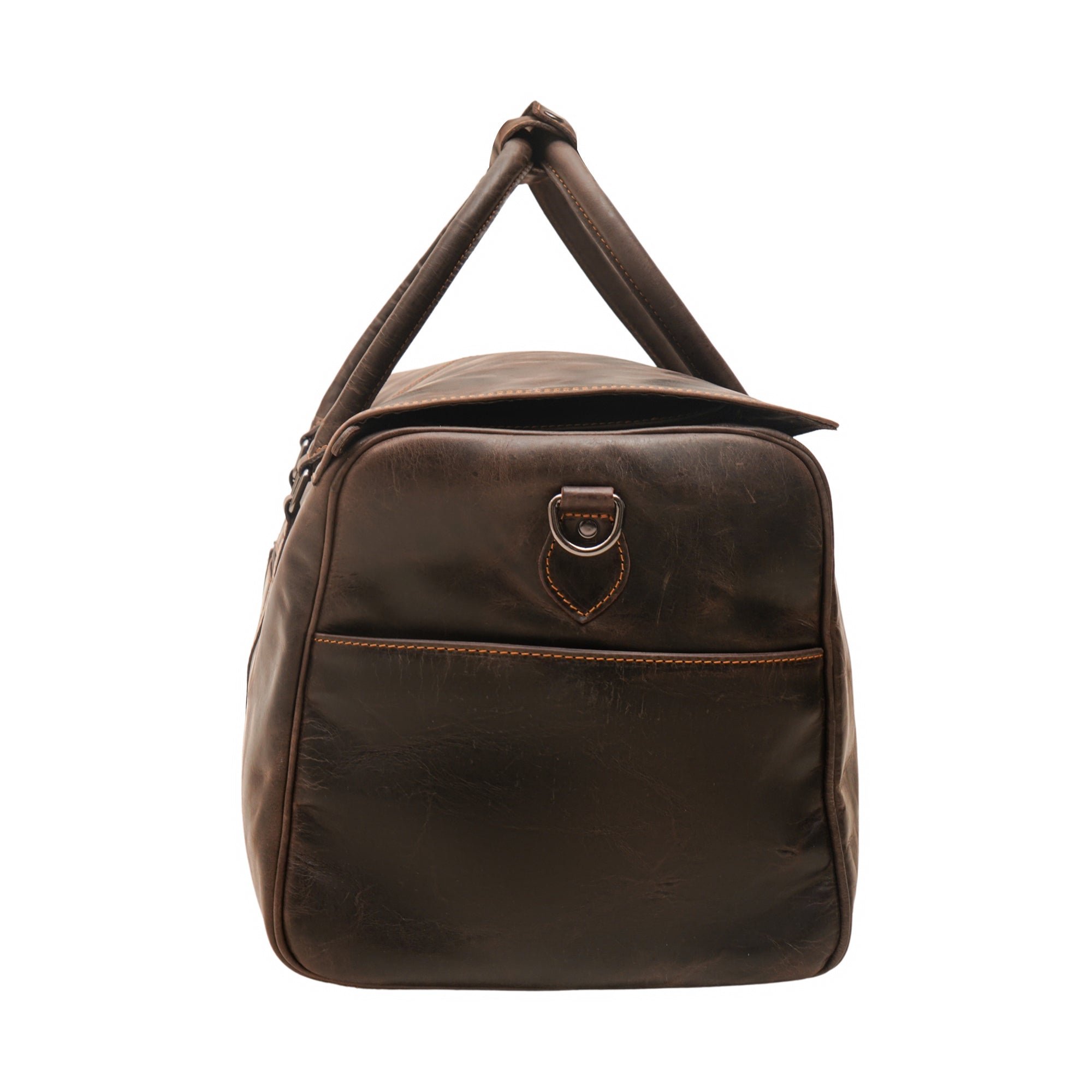 Minori Leather Miami Brown Leather Weekender Duffle Bag with sturdy handles and spacious interior for travel.