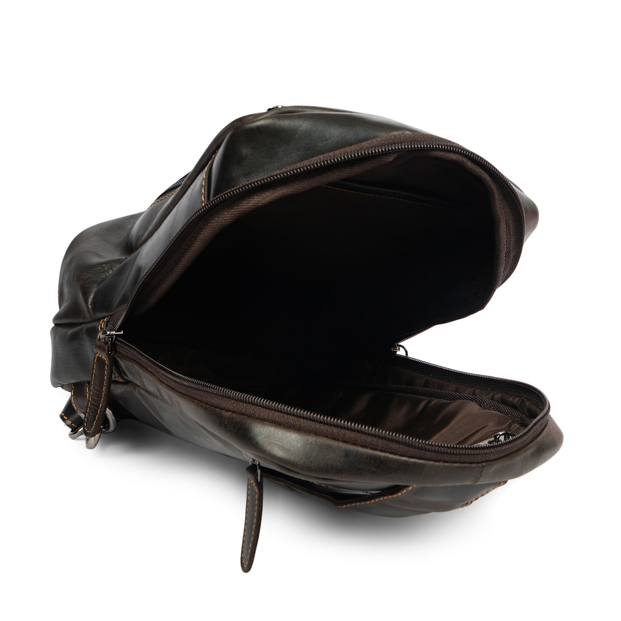 Brown Luxe Leather Sling Bag by Minori Leather, unisex crossbody bag with sleek design and adjustable strap.