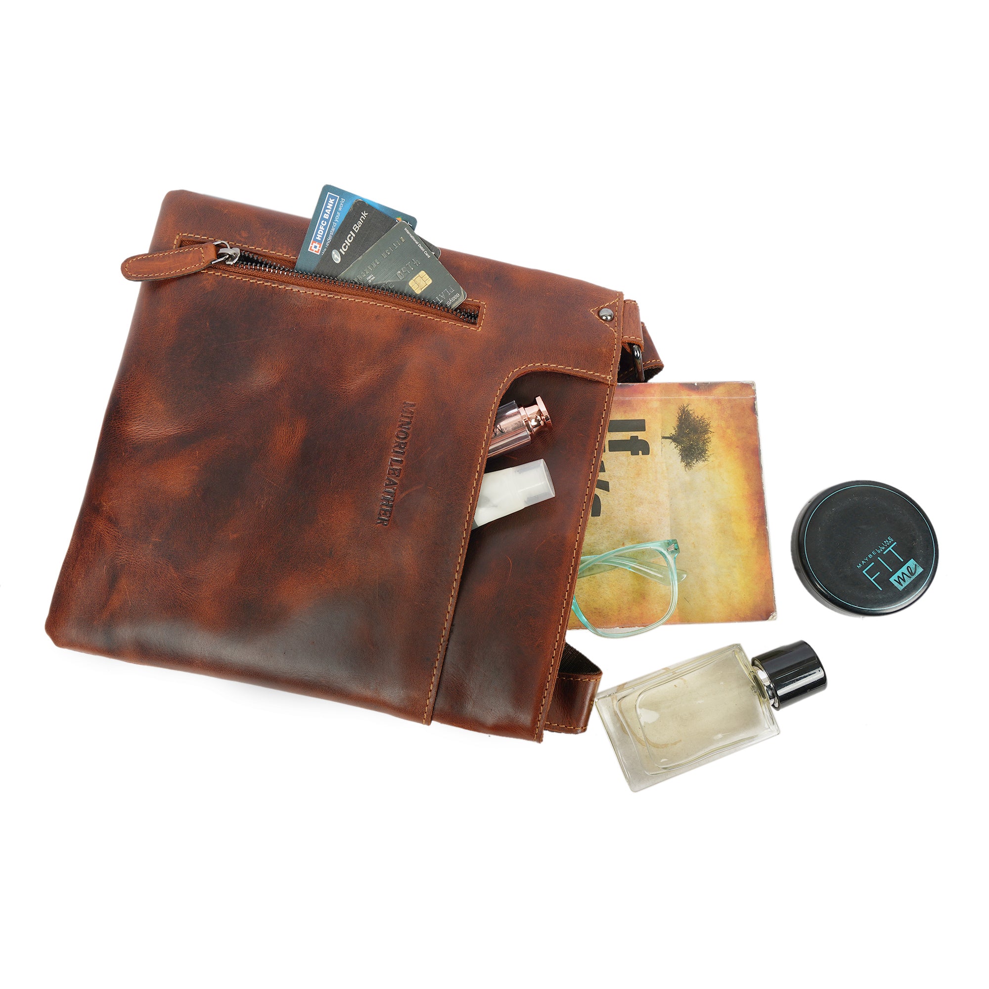 Carter Slim Leather Crossbody Bag in Chestnut - Minori Leather