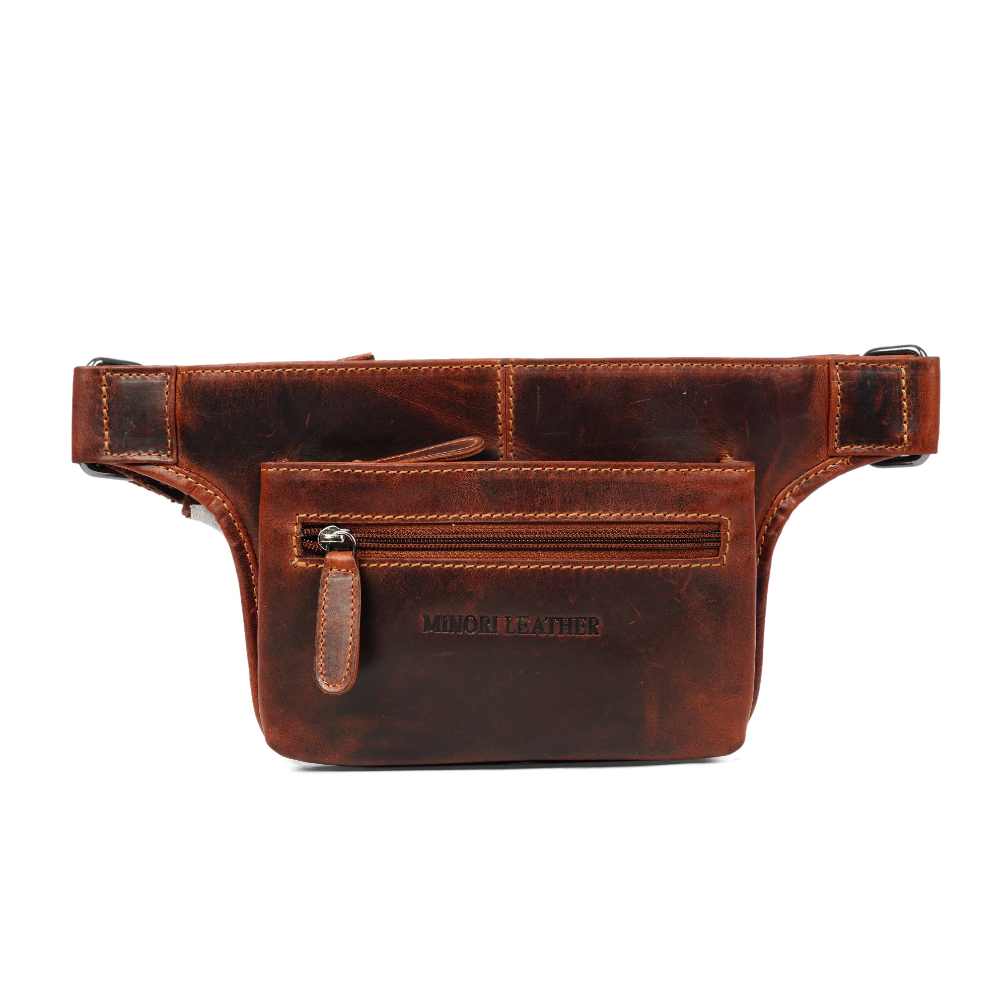 Minori Leather Osaka leather belt bag in chestnut, unisex fanny pack with adjustable strap and compact design.