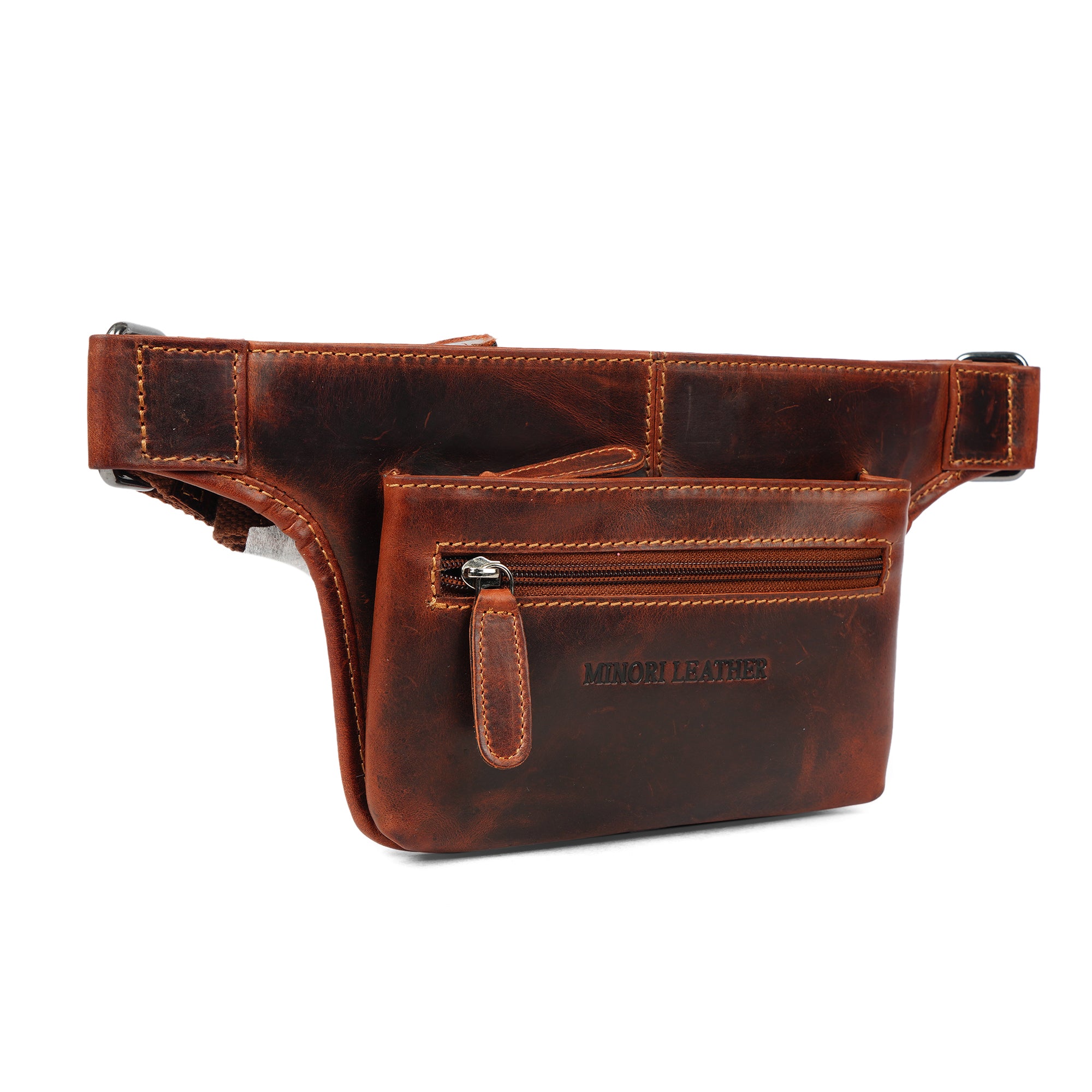 Minori Leather Osaka Leather Belt Bag in chestnut, unisex fanny pack with adjustable strap and sleek leather design.