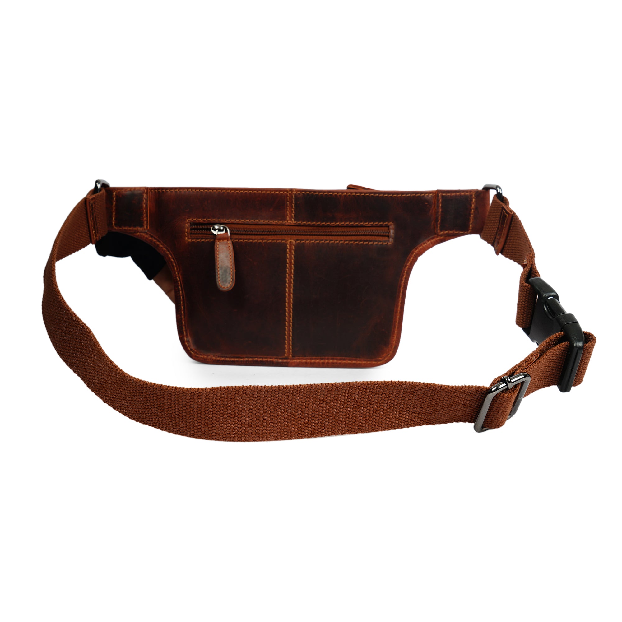 Minori Leather Osaka Leather Belt Bag in chestnut, unisex fanny pack with adjustable strap and compact design.