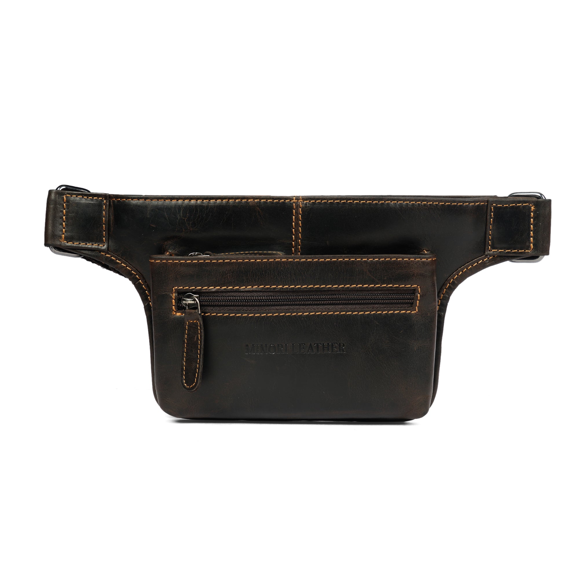 Brown Osaka Leather Belt Bag by Minori Leather, unisex fanny pack with adjustable strap and compact design.