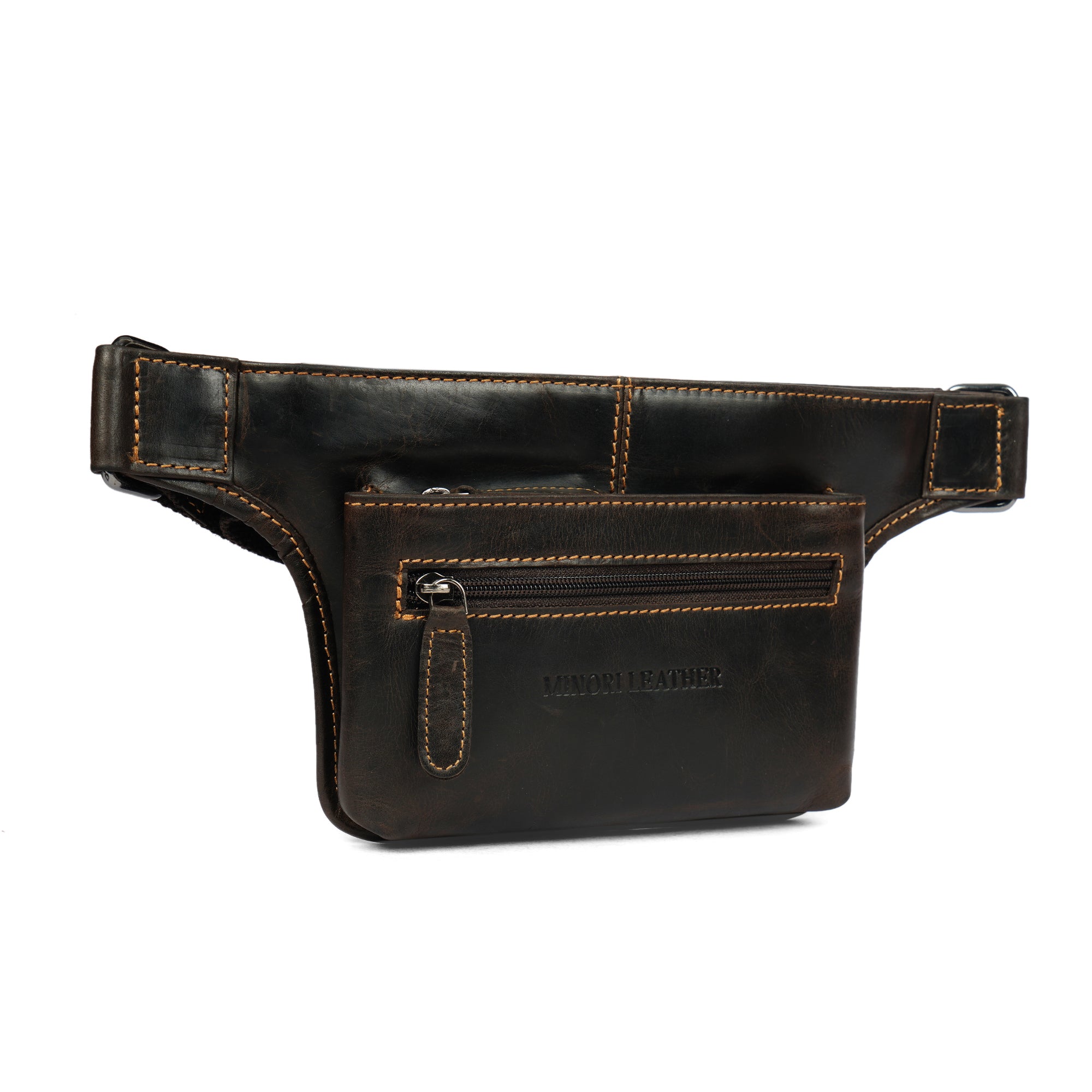 Minori Leather Osaka leather belt bag in brown, unisex fanny pack with adjustable strap and compact design.