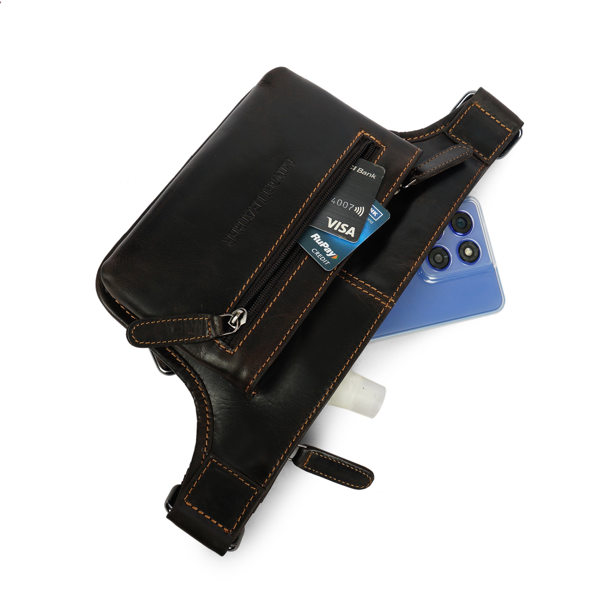 Brown Osaka Leather Belt Bag by Minori Leather, unisex fanny pack with adjustable strap and sleek leather design.