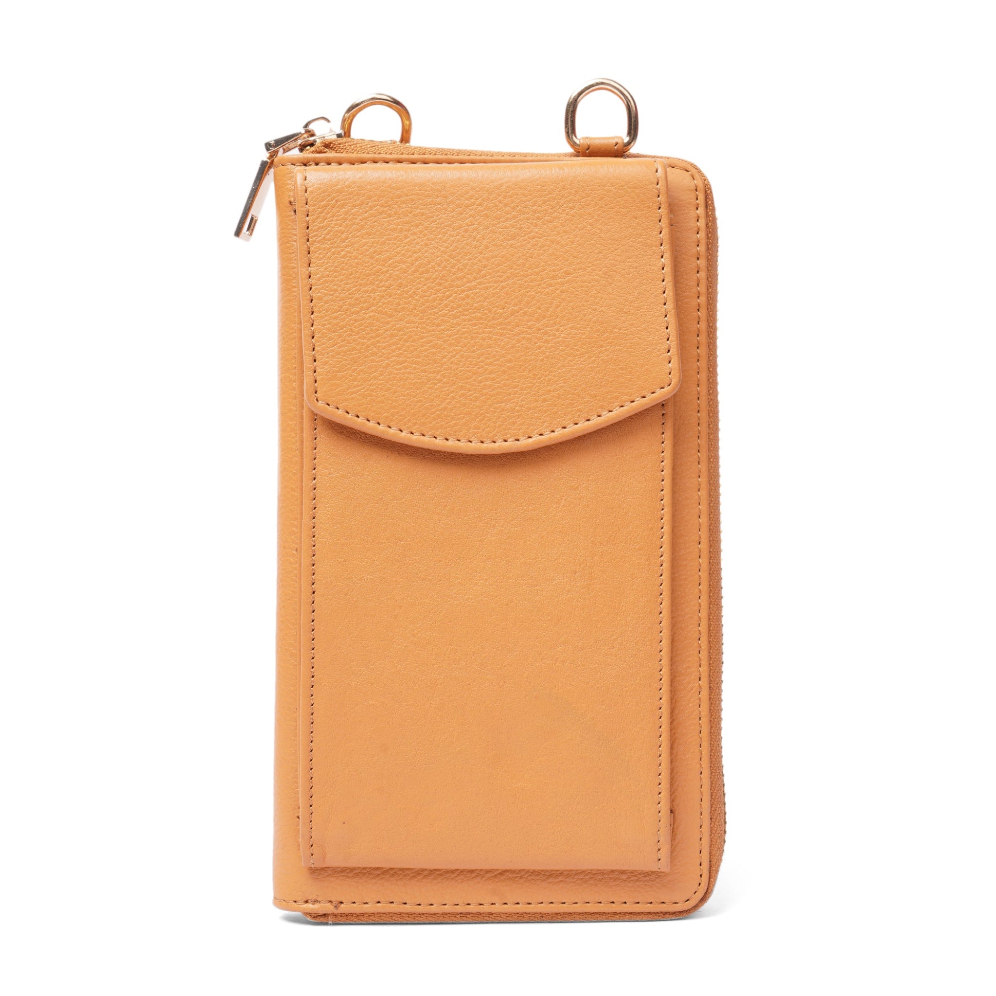 Front view of a tan Minori leather wallet crossbody bag with a flap pocket and two metal D-rings on top.
