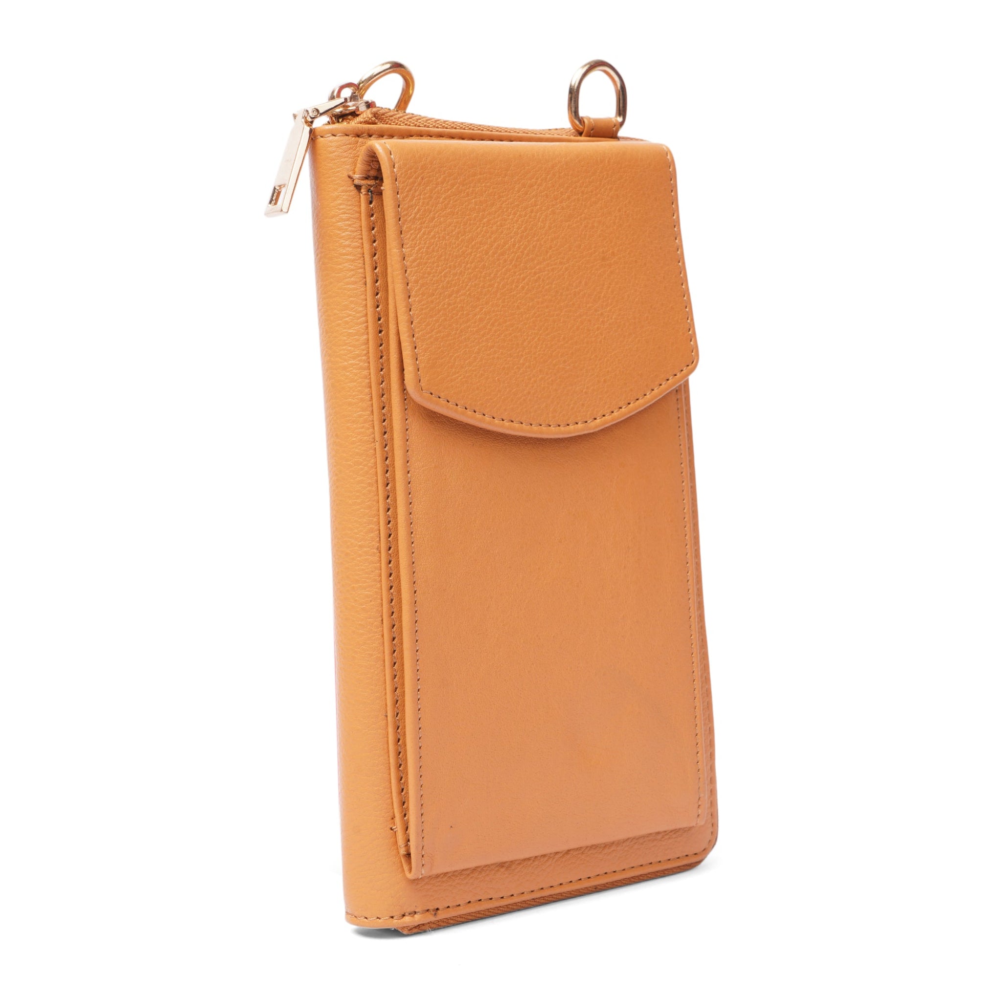 Angled view of a Tan Minori leather wallet crossbody bag highlighting the structured design and front flap.
